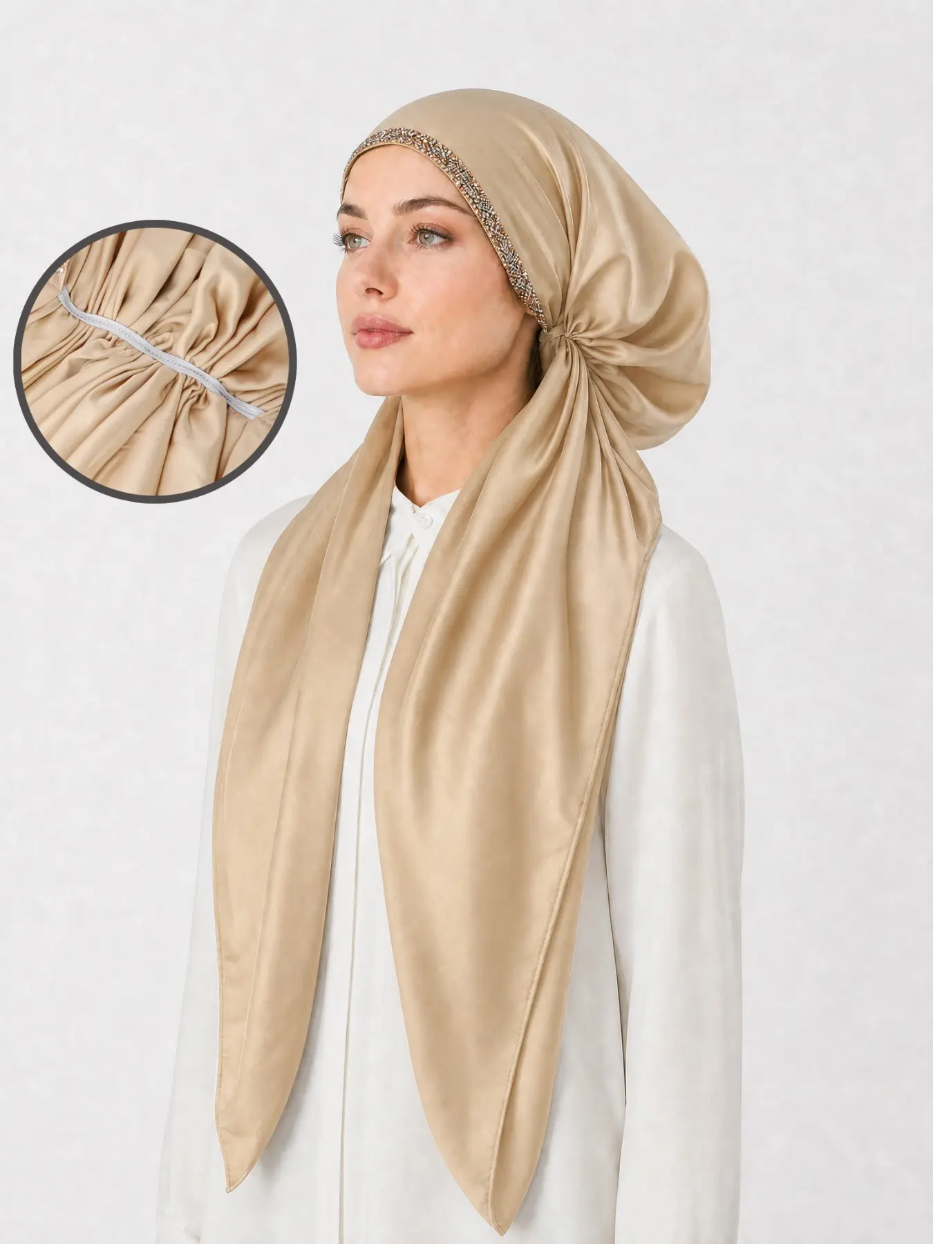 Women's Plain Wrap Headscarf, Solid Satin Rhinestone Fabric, Sun Protection Breathable Elegant Versatile, Casual Evening Wear, Ramadan Eid Gift