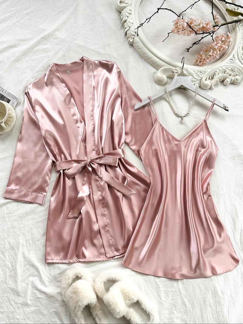 Women's Solid Belted Satin Pyjama Two-piece Set, Long Sleeve Cami Night Dress & Robe Pj Set, Women's Sleepwear for All Seasons