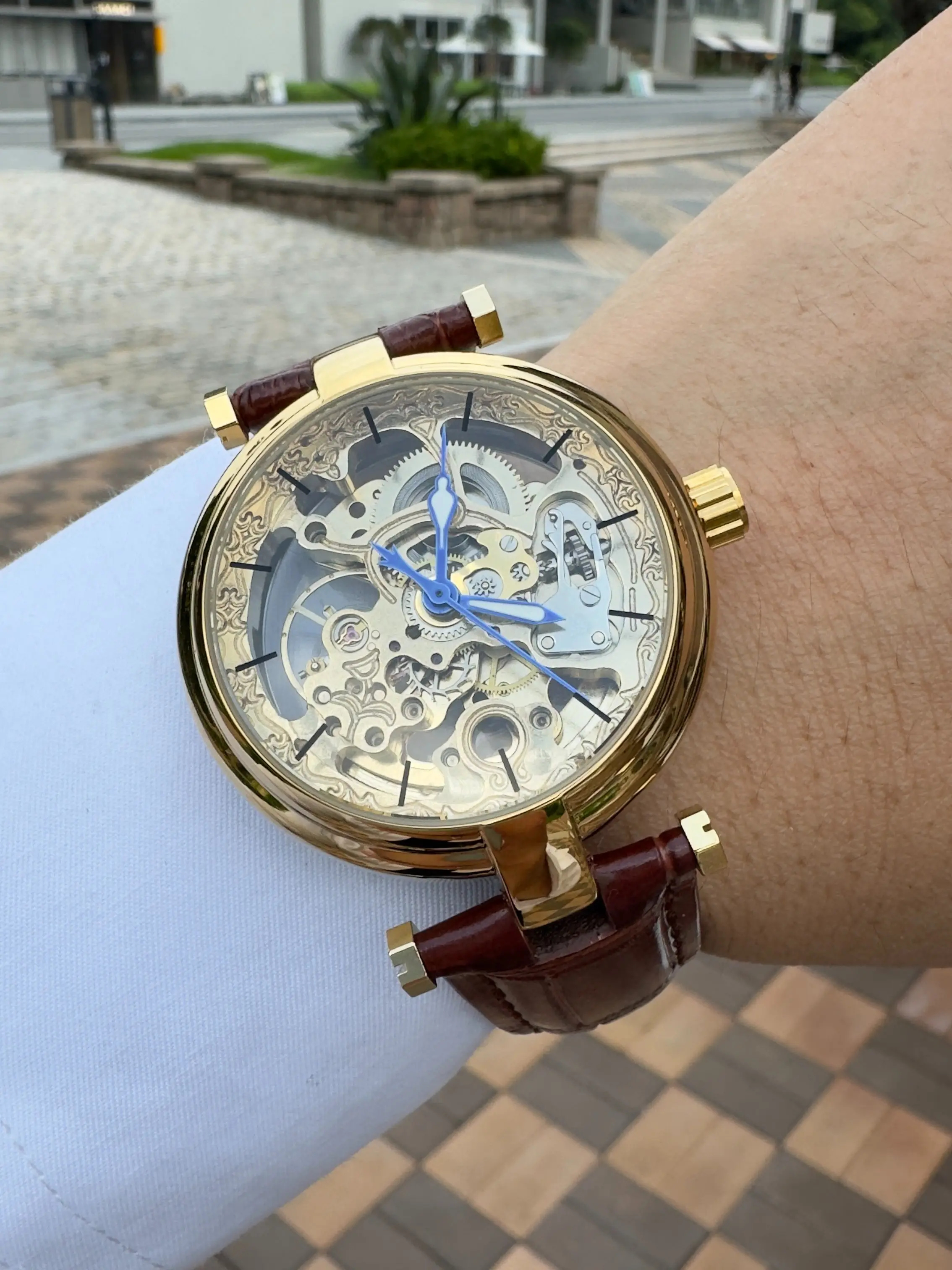 1pc Luxury Gold Skeleton Automatic Mechanical Watch for Men Luminous Hands Brown Leather Strap Business Casual Mens Watches Elegant Wristwatches
