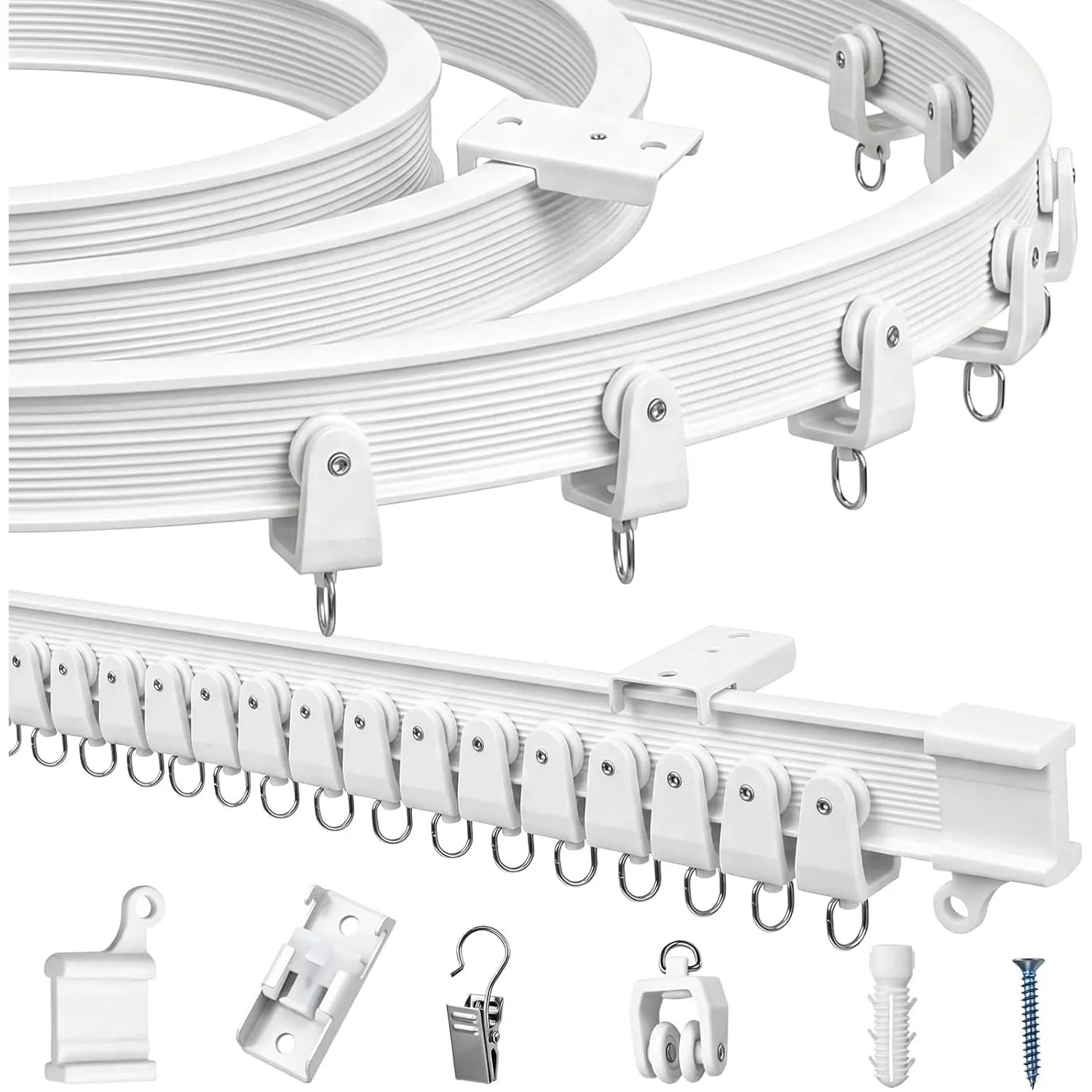 16.4FT/5M Ceiling Track, White Bendable PVC Rail for Bay Windows, Room Dividers, RV,, Complete Mounting Kit with 50 Gliders, 20 Brackets, Gliding System
