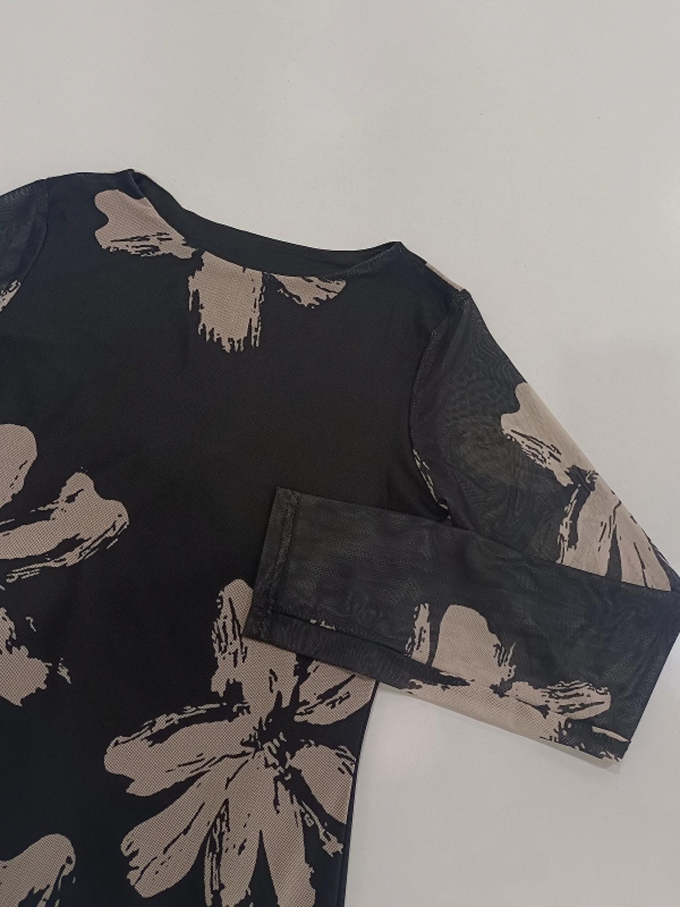 Women's Floral Print Mesh Dress, Elegant Long Sleeve Dress for Parties, Holidays and Wedding Guests, Ladies' Spring & Fall Clothing