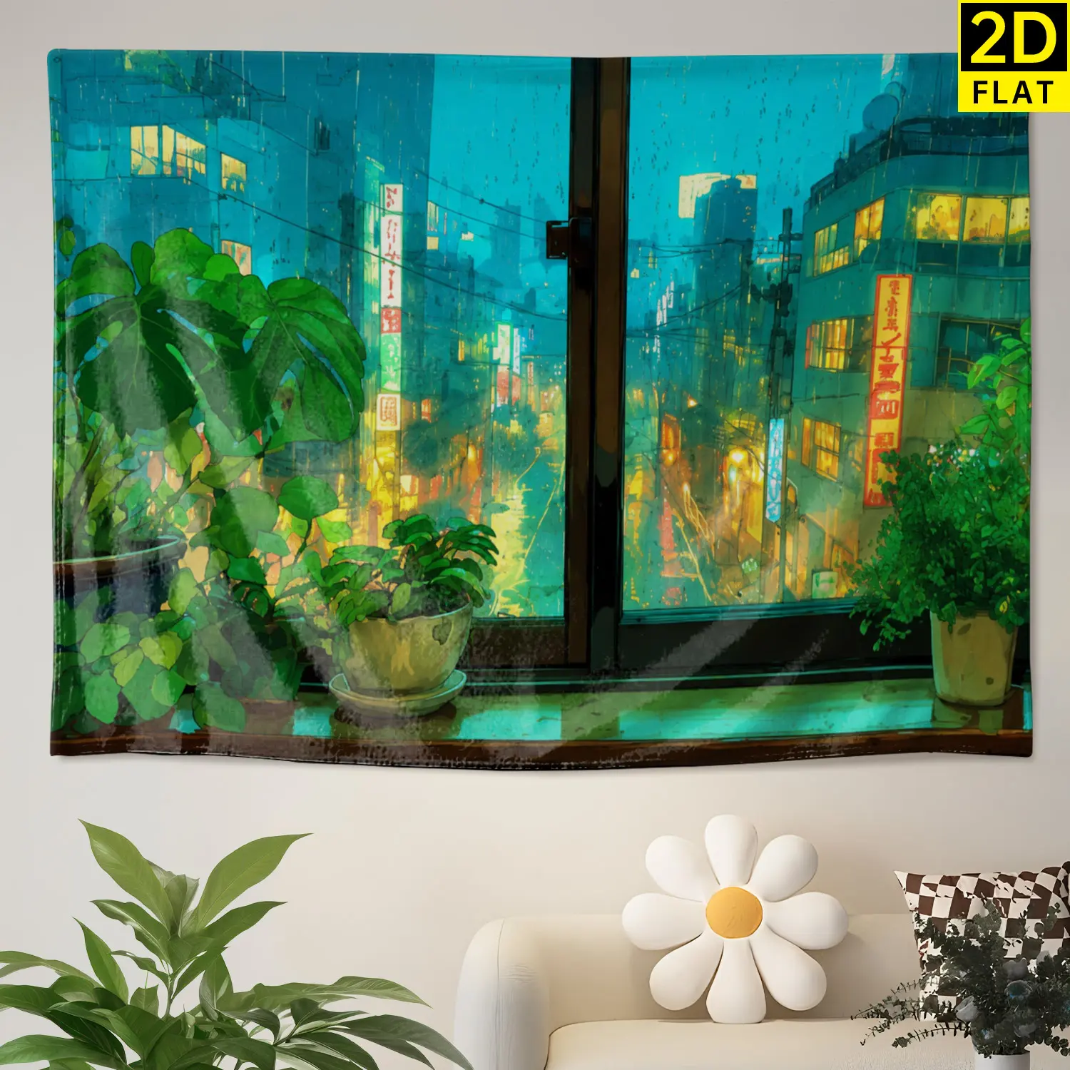 Rainy Tokyo Cityscape Polyester Wall Tapestry - Large Horizontal Printed Artwork, Colorfast Room Decor, No Installation Required Home Hanging, Gift Idea for Living Room