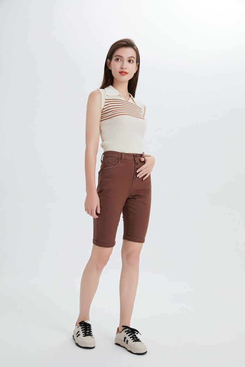 Retro Brown High Waist Denim Shorts, Button Fly Knee Length Bermuda |   Must-Have Y2K Streetwear