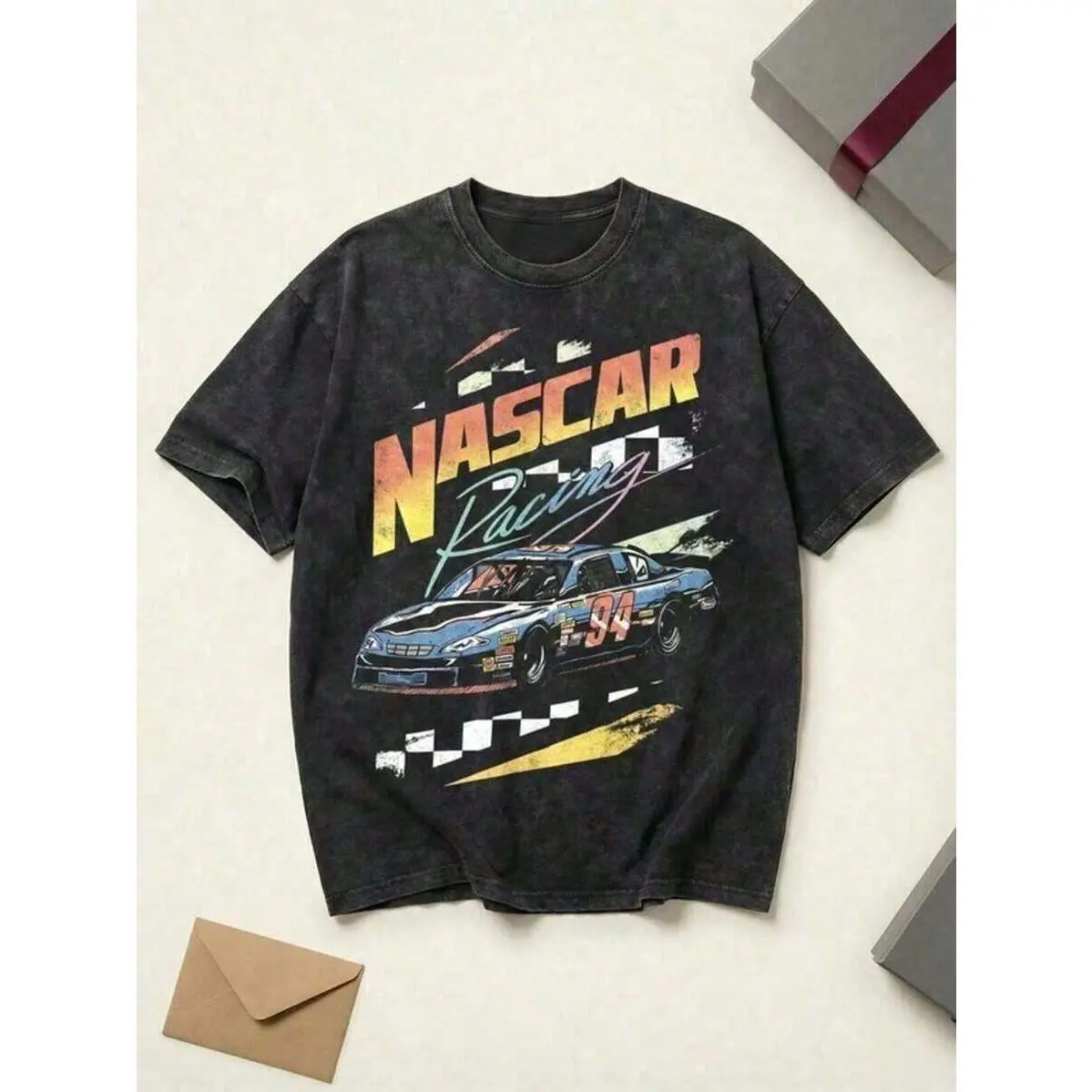Unisex Nascar Racing 94 Distressed Print T-Shirt, Retro 90s Acid Washed Oversized Cotton Tee, Plus Size Couple Streetwear Top for Racing Fans