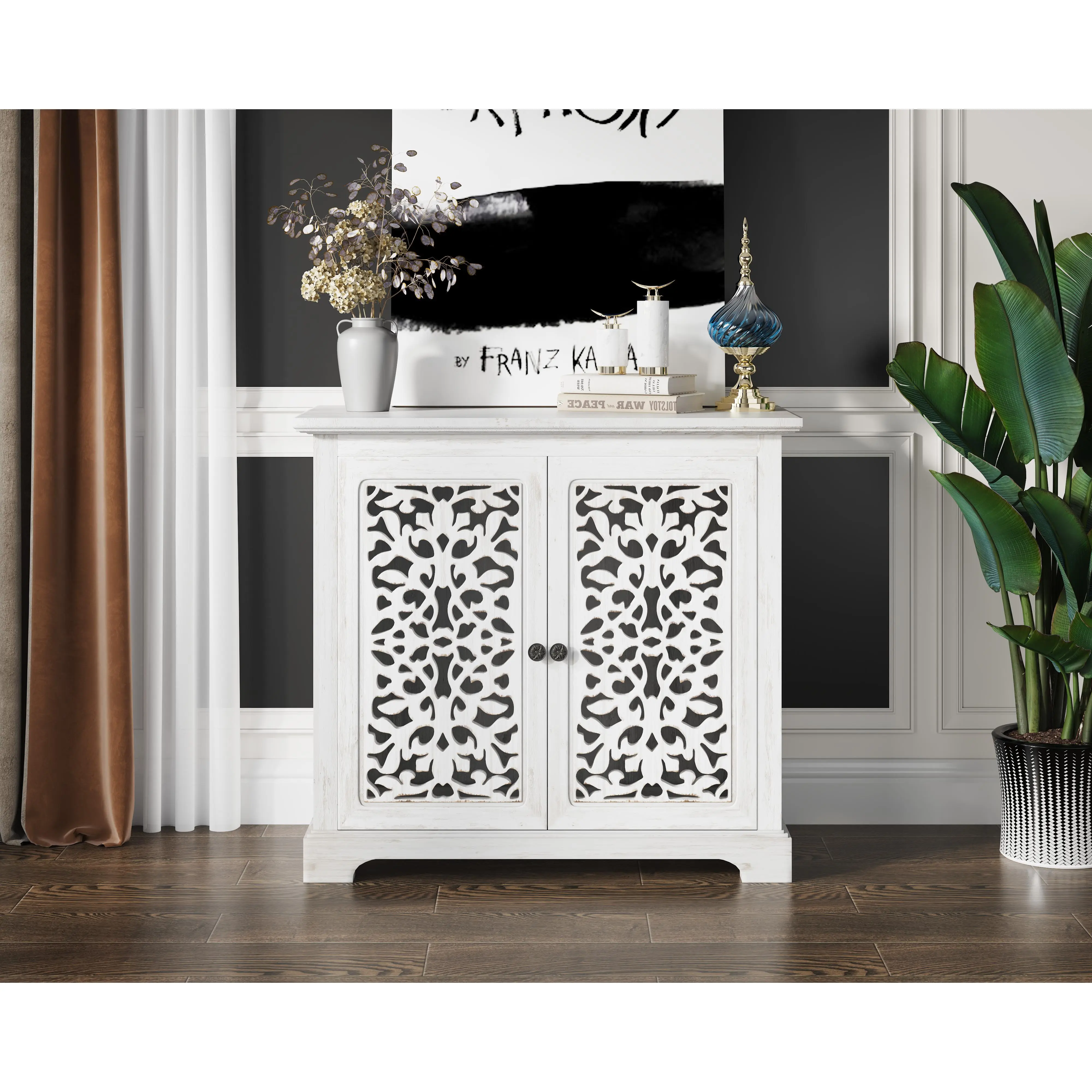 ARCH Antique Sideboard Storage Cabinet with 2 Carving Doors, Vintage Buffet Server Console Cabinet for Dining Room Living Room Hallway, Solid Wood+MDF, Antique White, 15.74W x 31.49D x 29.92H in, 90lb Capacity, Antique White Color Options