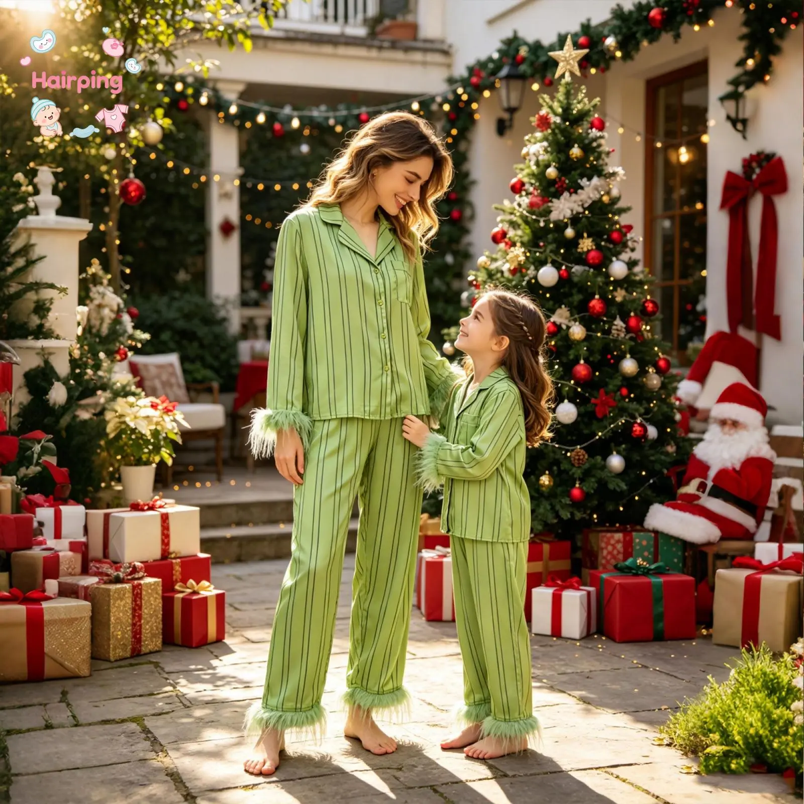 Mommy and Me Matching Striped 2-Piece Pajama Sets, Fashionable Lapel V-Neck Long Sleeve Button-Down Tops with Pants, Baby & Maternity Gift Sets Sleepwear