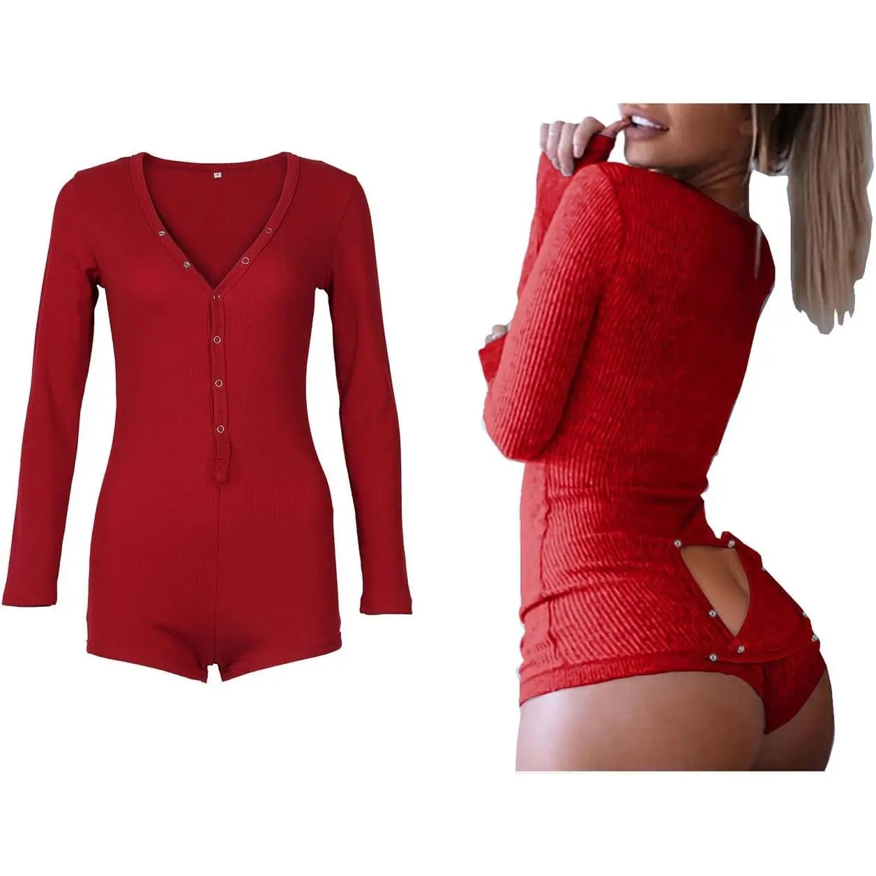 Women's Sexy Deep V Neck Shorts Long Sleeve Knitted One Piece Bodysuit Sexy Pajama Onesie Bodycon Rompers Overall