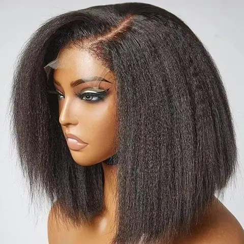 Short Kinky Straight T Part Wig for Women, Gorgeous Wigs without Bangs, Premium Synthetic Wigs, Fashion Wig, Synthetic Lace Wigs for Party and Daily Use, Lace Closure Wigs, Glueless Lace Wig, Glueless Hair Wigs