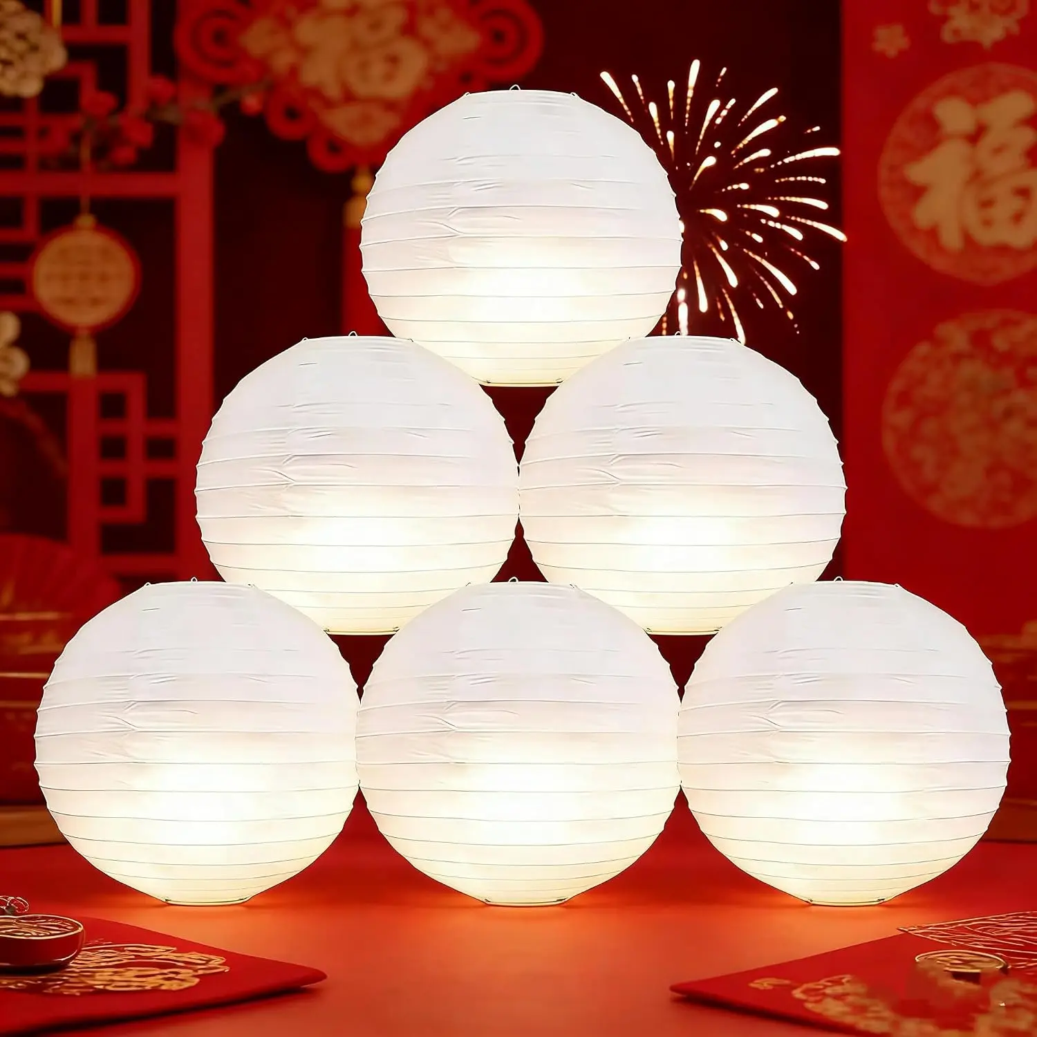 6 count White Paper Lanterns 12Inch Round with Led Light  Year's Eve Wedding Anniversary Valentines Lantern Decorative  Lanterns Lamp for Birthday,Christmas Graduation Party Indoor and Outdoor