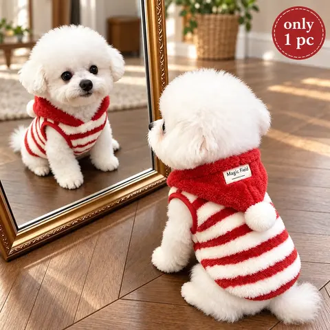 Cute Striped Dog Hoodie Warm Fleece Pet Vest Clothes for Small Dogs, Christmas Winter Outfit for Bichon Teddy Schnauzer