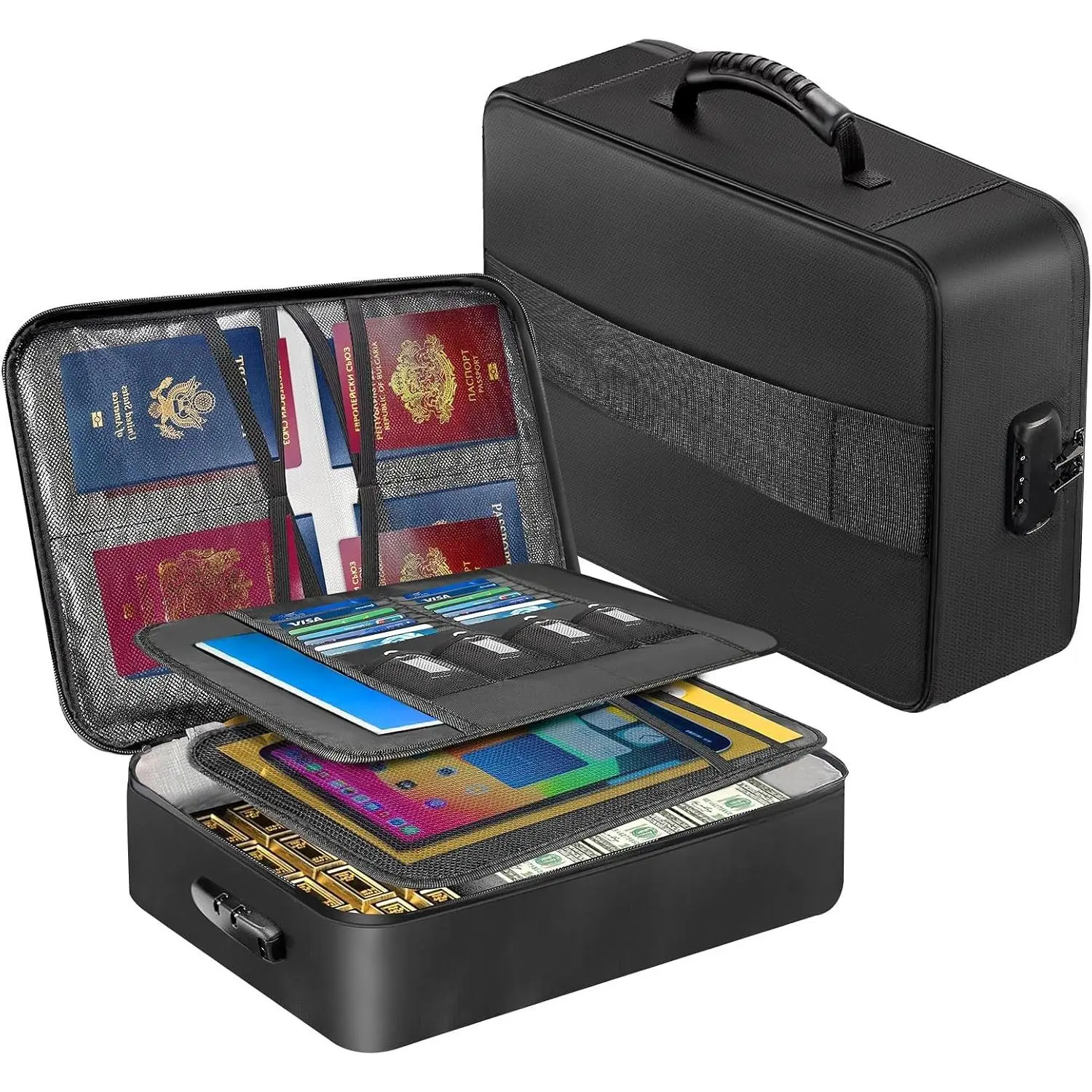 Fireproof Document Organizer Box with Lock, 8-Layer File Storage, 5200°F Fire & Water-Resistant, Portable Safe for Home Travel, 15"x11"x4.1", Black, Soft
