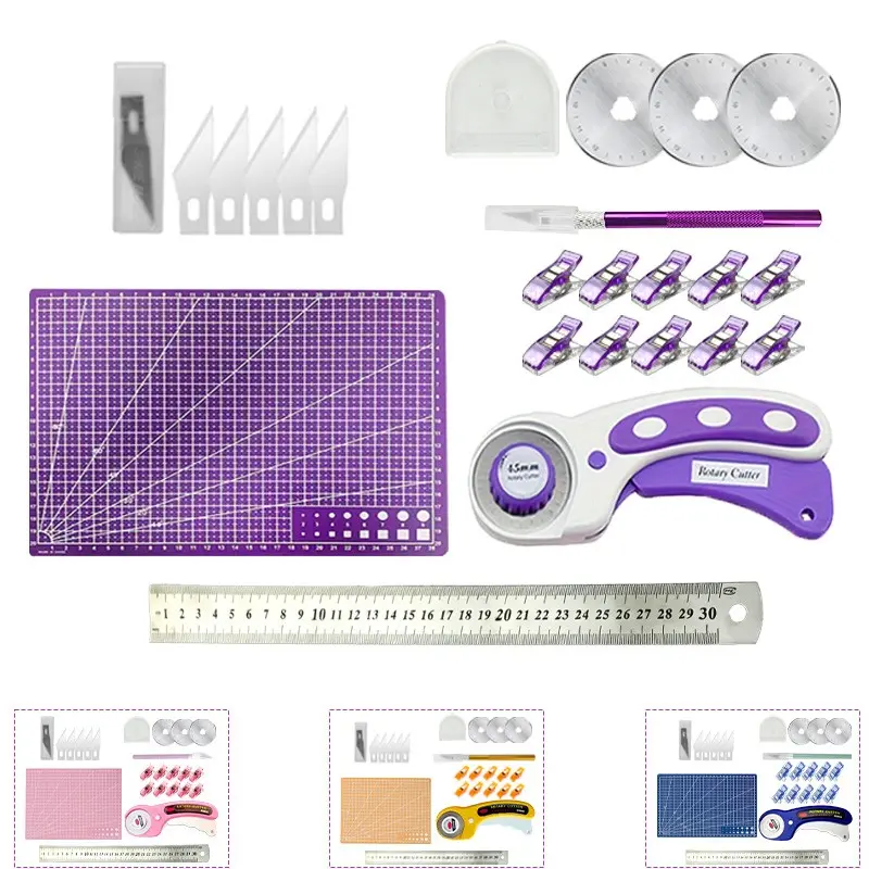 45mm Rotary Cutting Knife Set, Sewing Tools, A4 Cutting Mat, 30cm Steel Ruler, Carving Knife with Replacement Blades, DIY Crafts, Home Tool