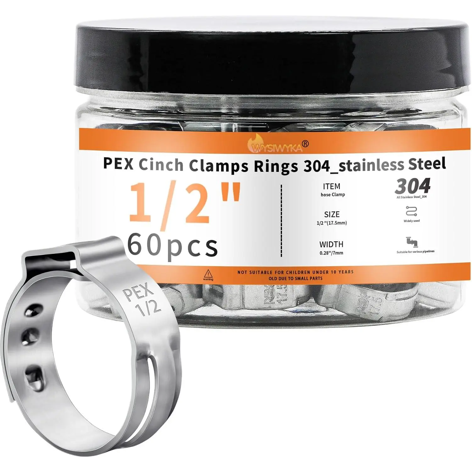 60 count 1/2 inch PEX Cinch Clamps Rings, 304 Stainless Steel Pex Crimp Rings, Heavy Duty Thickened Single Ear Hose Clamps for PEX Tubing Pipe Fitting Connections