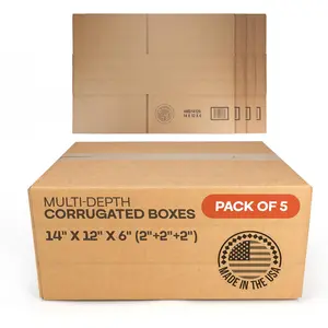 Multi-Depth Corrugated Shipping Boxes, 14"L x 12"W x 6"H, Pack of 5 - USA-Made Boxes for Moving, & Small Business Packaging --Duty Cardboard Bines for & Office by IDL Packaging