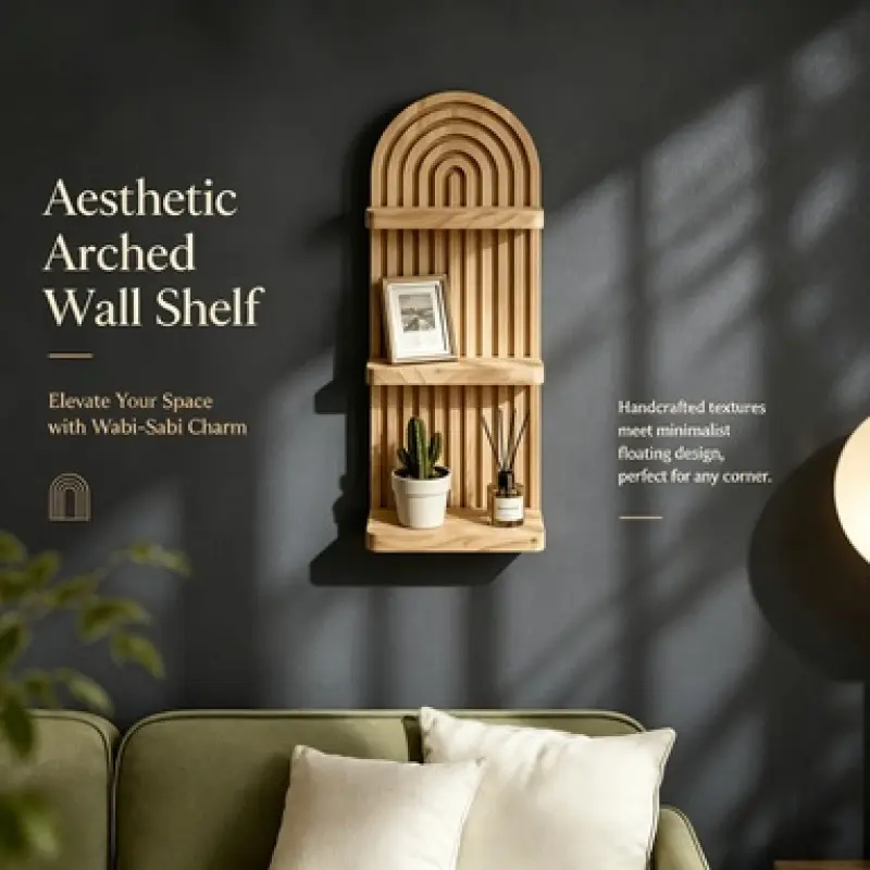 Space-Saving Floating Arched Wooden Wall Mount Shelf, Arch Shaped Racks, Rustic Minimalist Design, Perfect for Entryway Wall to Organize Decor Bottles, Photo Frames and Scented Home Goods