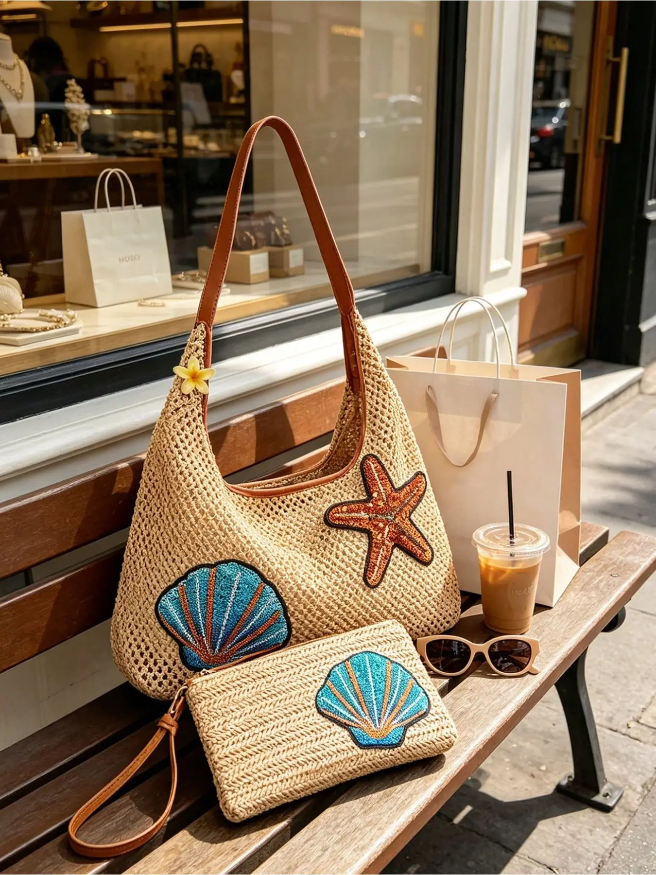 Sequin Starfish Shell Woven Straw Tote with Wristlet Pouch, Boho Raffia Shoulder Bag, Large Capacity Beach Handbag for Vacation Pool, Ideal Birthday Bridesmaid Beach Party Gift for Girls Moms Students