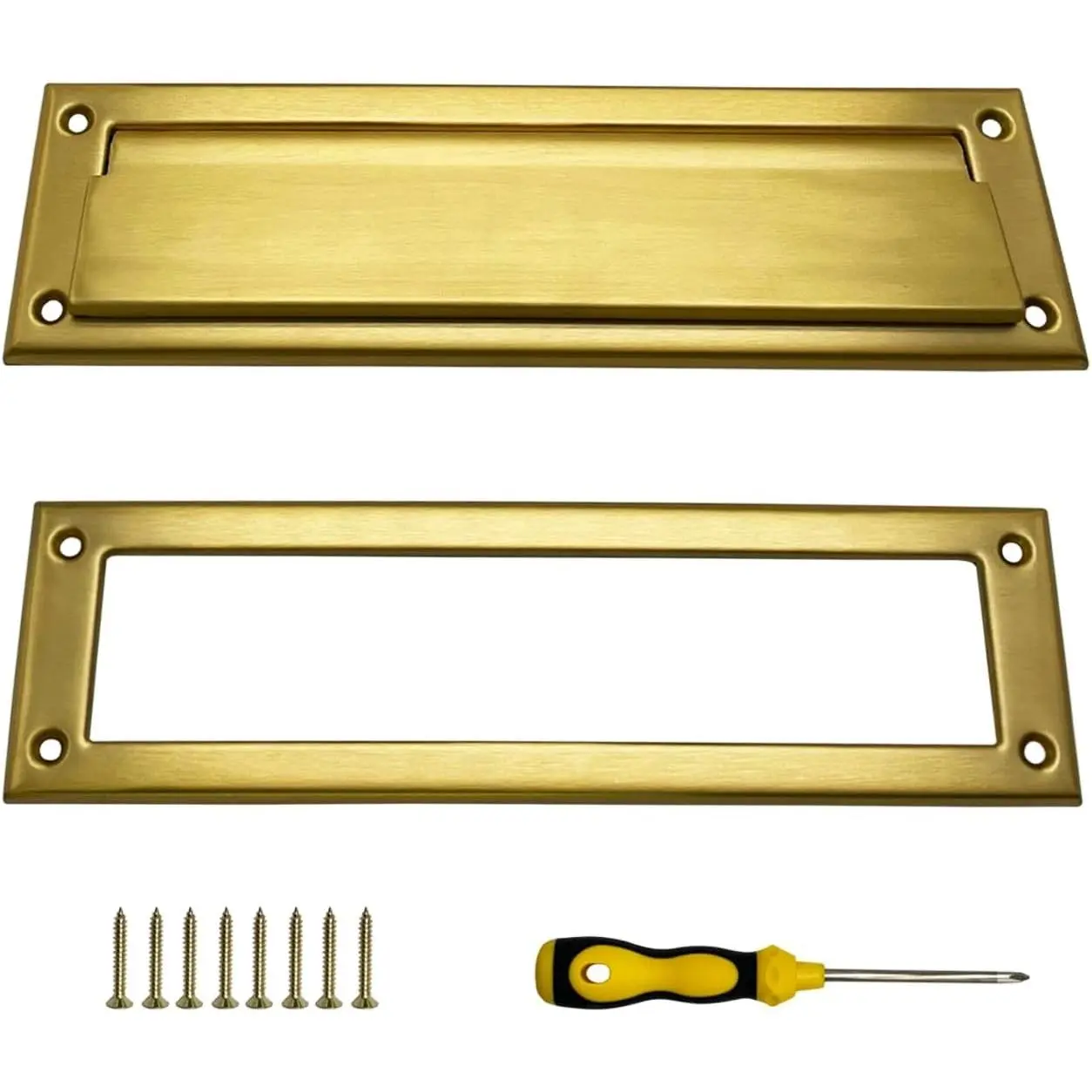 Solid Brushed Brass Mail Slot with Interior Frame Set for Front Door | 13 x 3.7 inch heavy duty solid brass mail slot with interior backplate, fits front doors walls for letters magazines