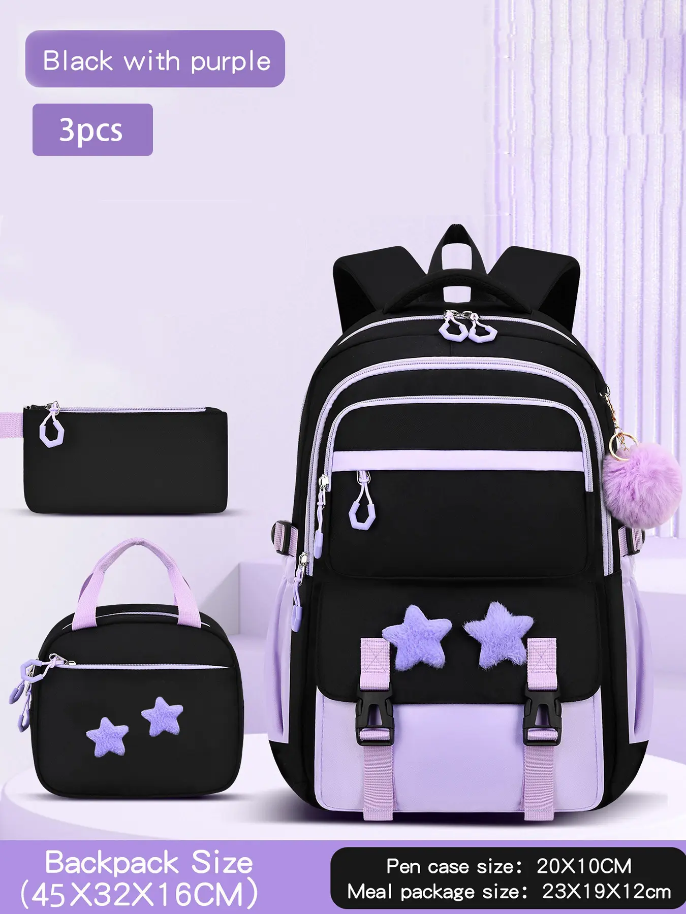 3Pcs Black Purple Block Travel Backpack Set Fuzzy Star Ornaments Buckle Straps Multi-zip Main Bag Matching Lunch Tote Pencil Pouch Padded Shoulder Straps for Campus Study Weekend Trips Daily Casual Outings