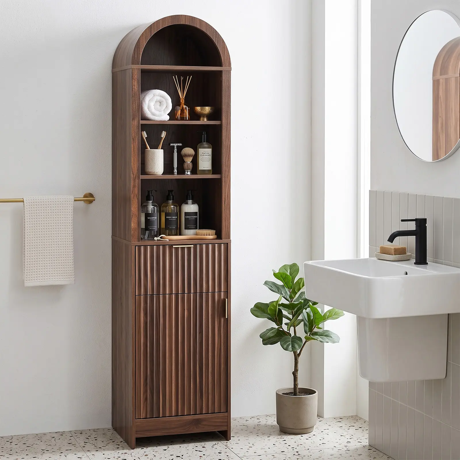 Modern 1-Door 1-Drawer 4-Tier Bath Cabinet, Grille-Finished MDF Melamine-Faced Indoor Cupboard, Arched Top, Storage Stable, 15.75*11.81*66.93in Walnut