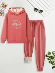 Plus Size Slimming Two-Piece Set, Lamb Fleece Hoodie and Jogger Pants, Simple Print, High-End Elegance, Winter Warm