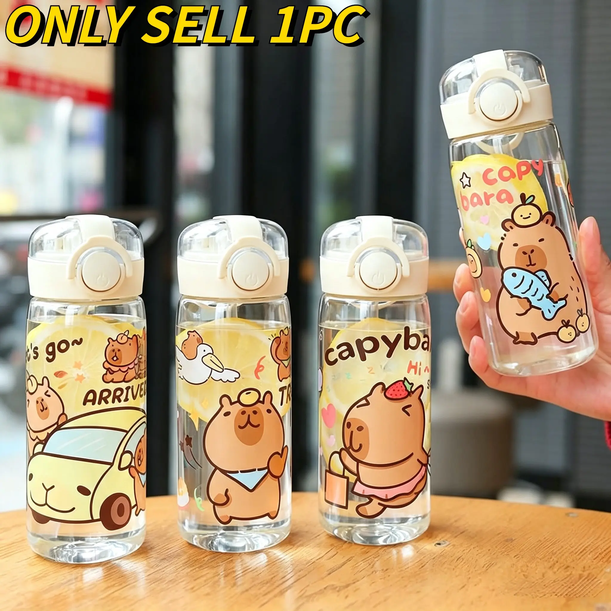 Cute Capybara Jumping Straw Cup, Cartoon Water Deer Print One-Button Flip Lid Portable Plastic Cup, 400ML Leak-Proof Travel Bottle