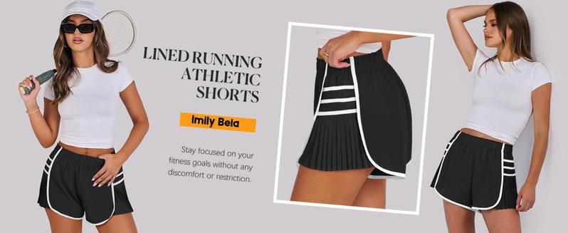 Imily Bela Womens Workout Gym Shorts Running Pleated Contrast Stitch Elastic Waist Athletic Quick Dry Shorts