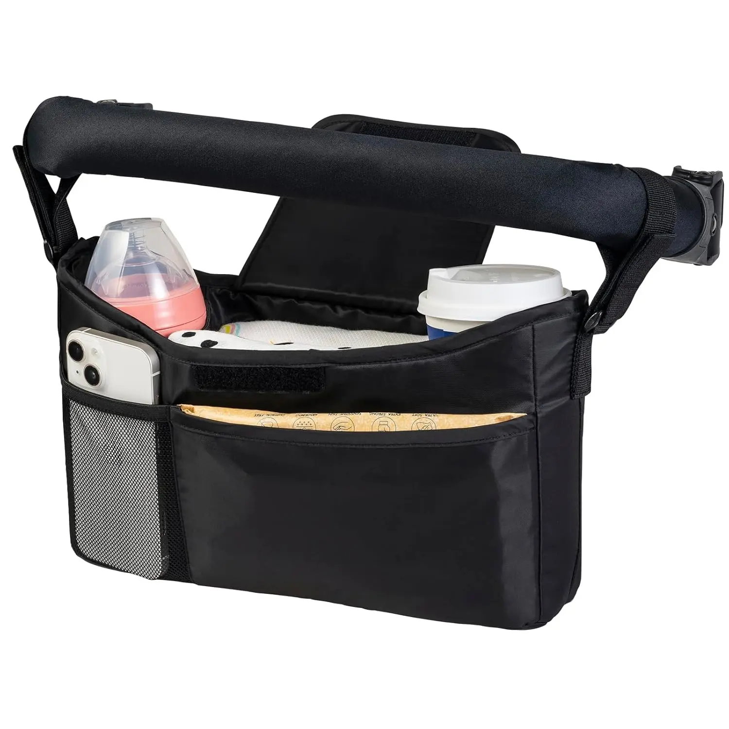 Universal Stroller Organizer with Adjustable Strap - Waterproof Stroller Caddy Fits Baby Jogger, Nuna, Graco, Donna and Bugaboo Strollers (Black)