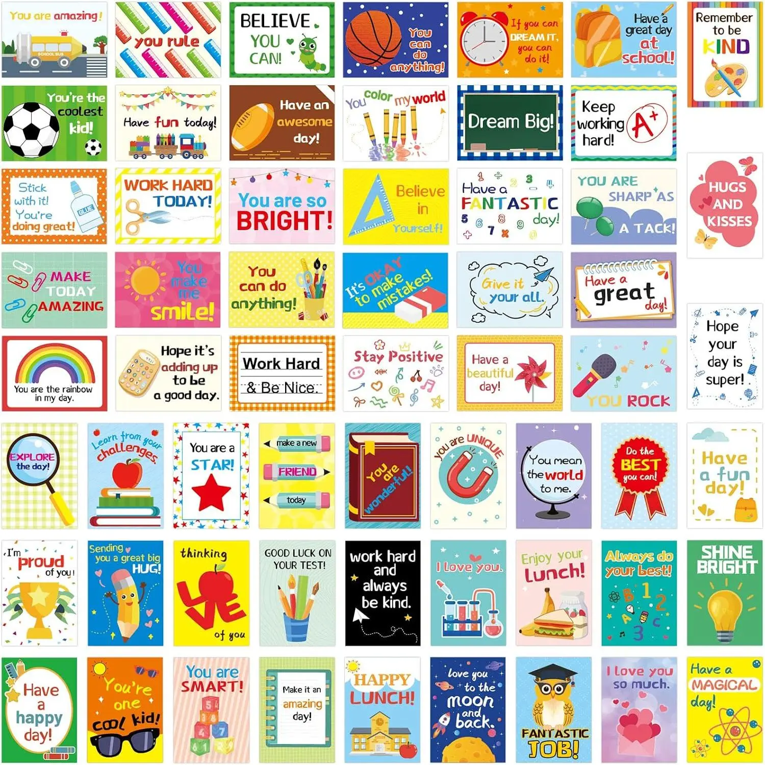 Lunch Box Notes for  60 count Positive Affirmation Love Note Cards for Boys and Girls School Lunchbox