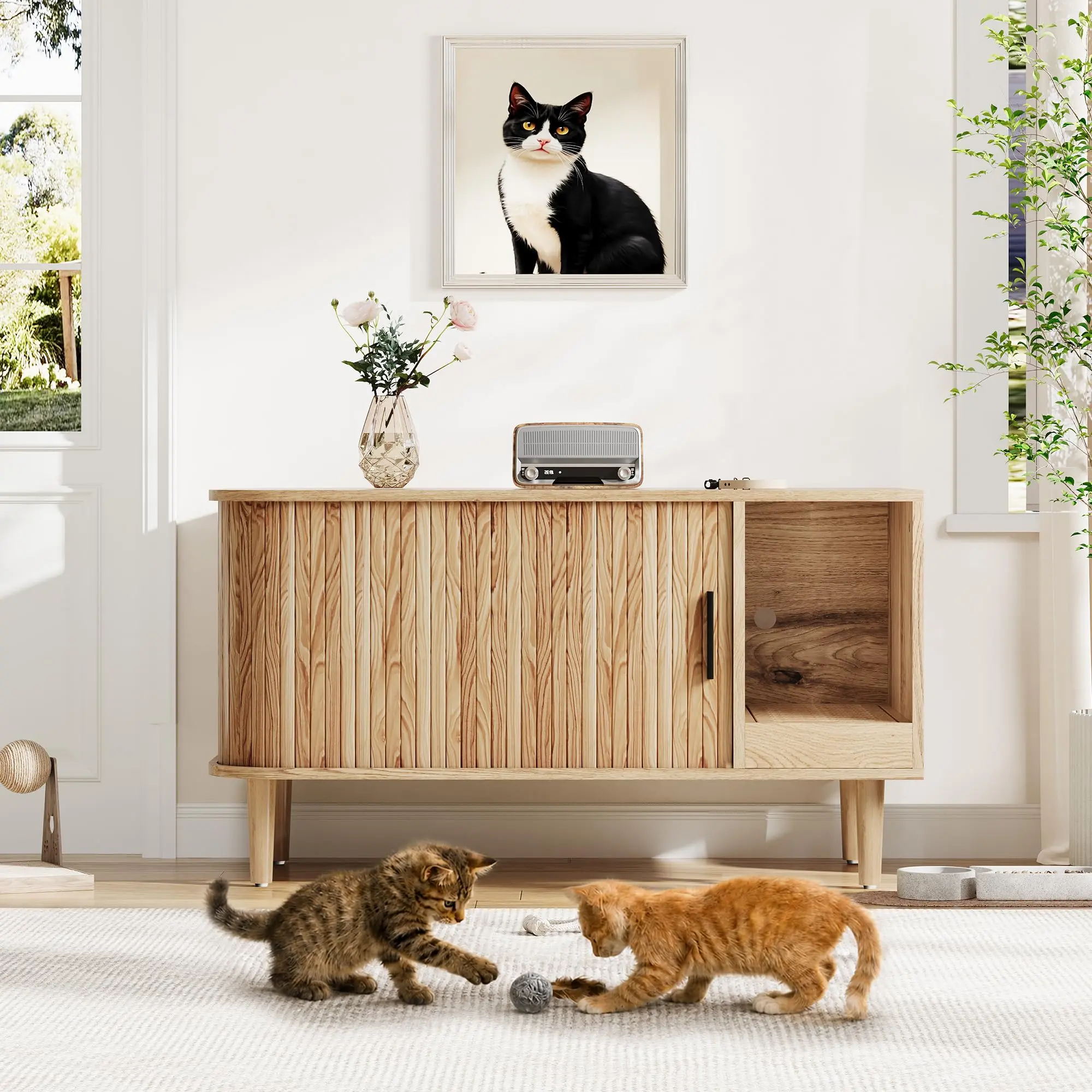 Hosslly Wood and Black Iron Cat Litter Box Enclosure - 31.5"×20"×22", 110lb Top Capacity, Ventilated End Table for Multi-Cat Litter Control