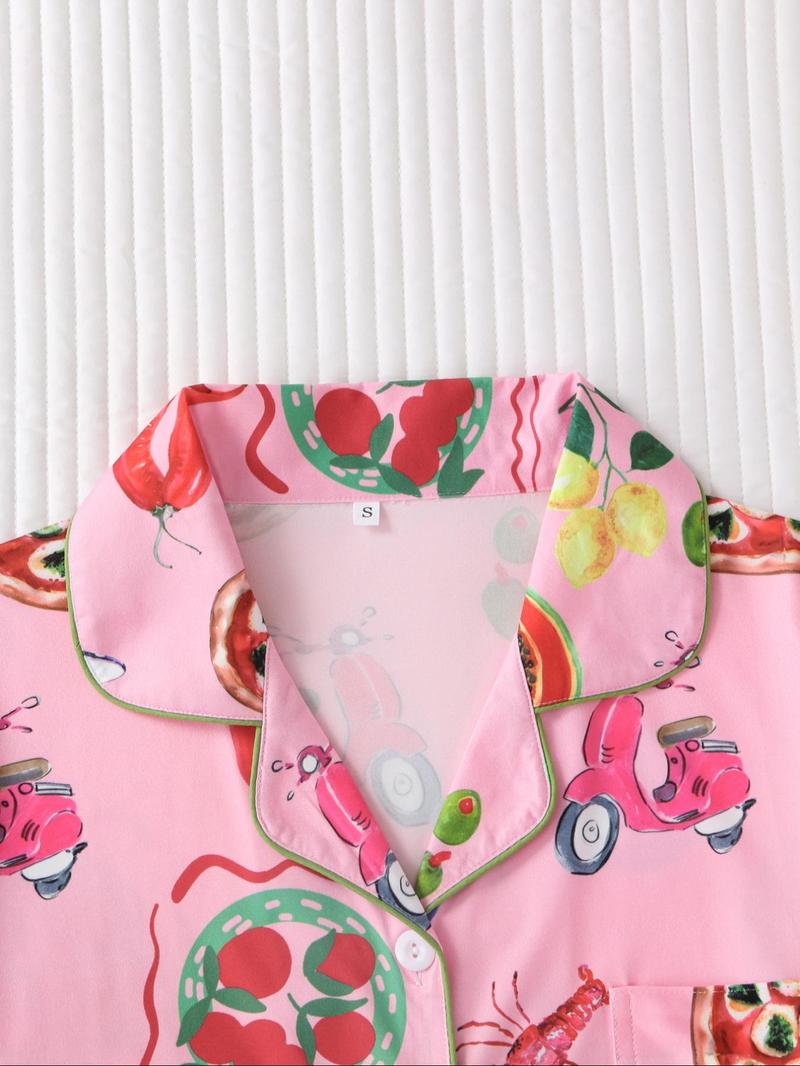 Women's Fruit Print Shirt & Elastic Waist Shorts Pyjama Two-piece Set, Casual Comfy Short Sleeve Top & Shorts PJ Set, Matching PJ Set, Ladies Sleepwear for All Seasons