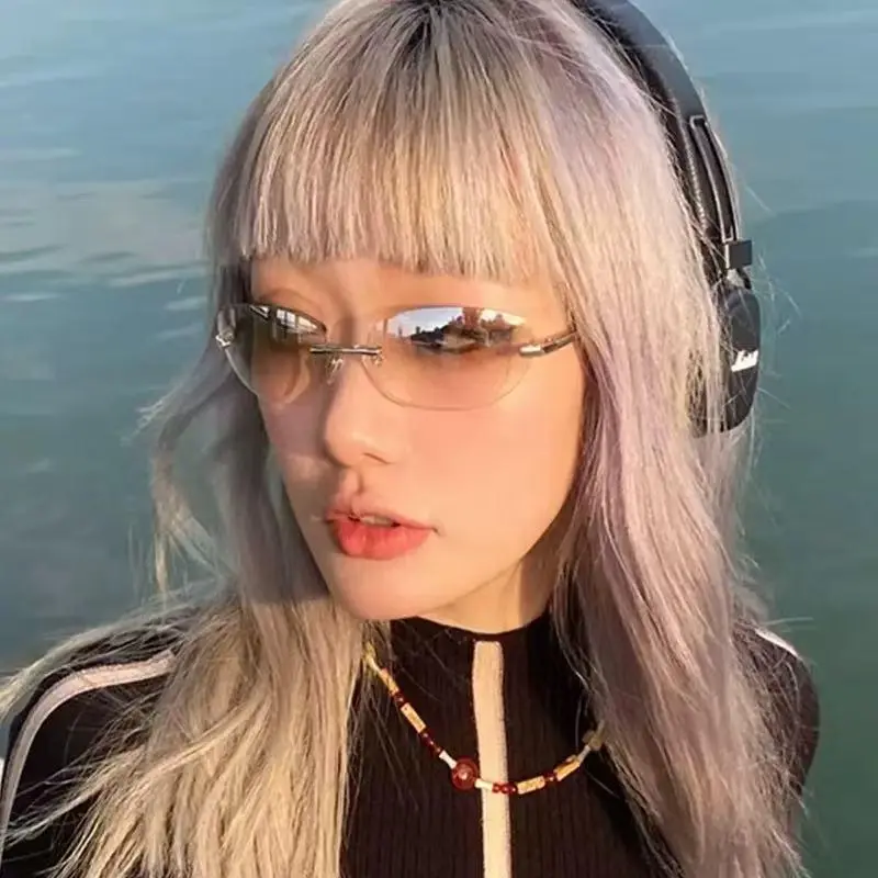 Unisex Y2K Rimless Oval UV400 Sunglasses, Metal-Frame Mirror Lens Shades, Lightweight Retro Eyewear for Festival, Daily Wear