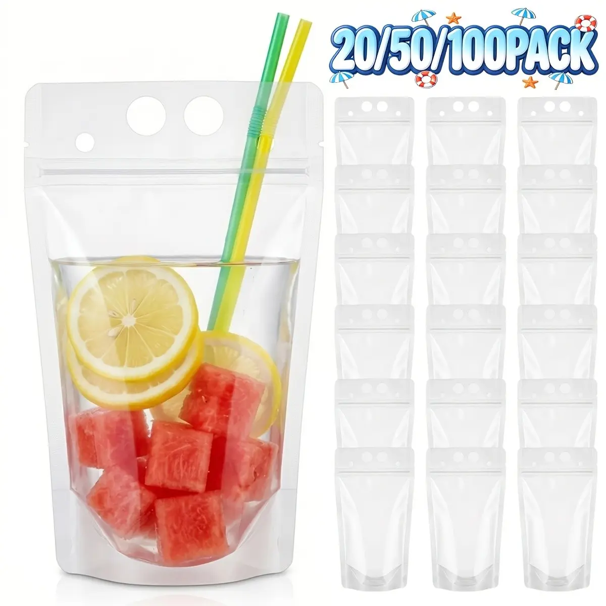20/50/100pcs 350ml/11oz Disposable Clear High Quality Durable Plastic Drink Pouches, No Leakage Drink Pouches Bags - Stand up Disposable Drink Container for Freezing Juice, Cold & Hot Drinks Disposable Products