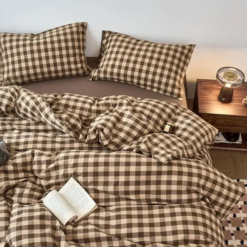 Queen Size Plaid Check Duvet Cover Set - 3-Piece Soft Washed Cotton Linen Bedding Set with 2 Pillowcases, Brown Beige Vintage Farmhouse Decor Comforter Cover