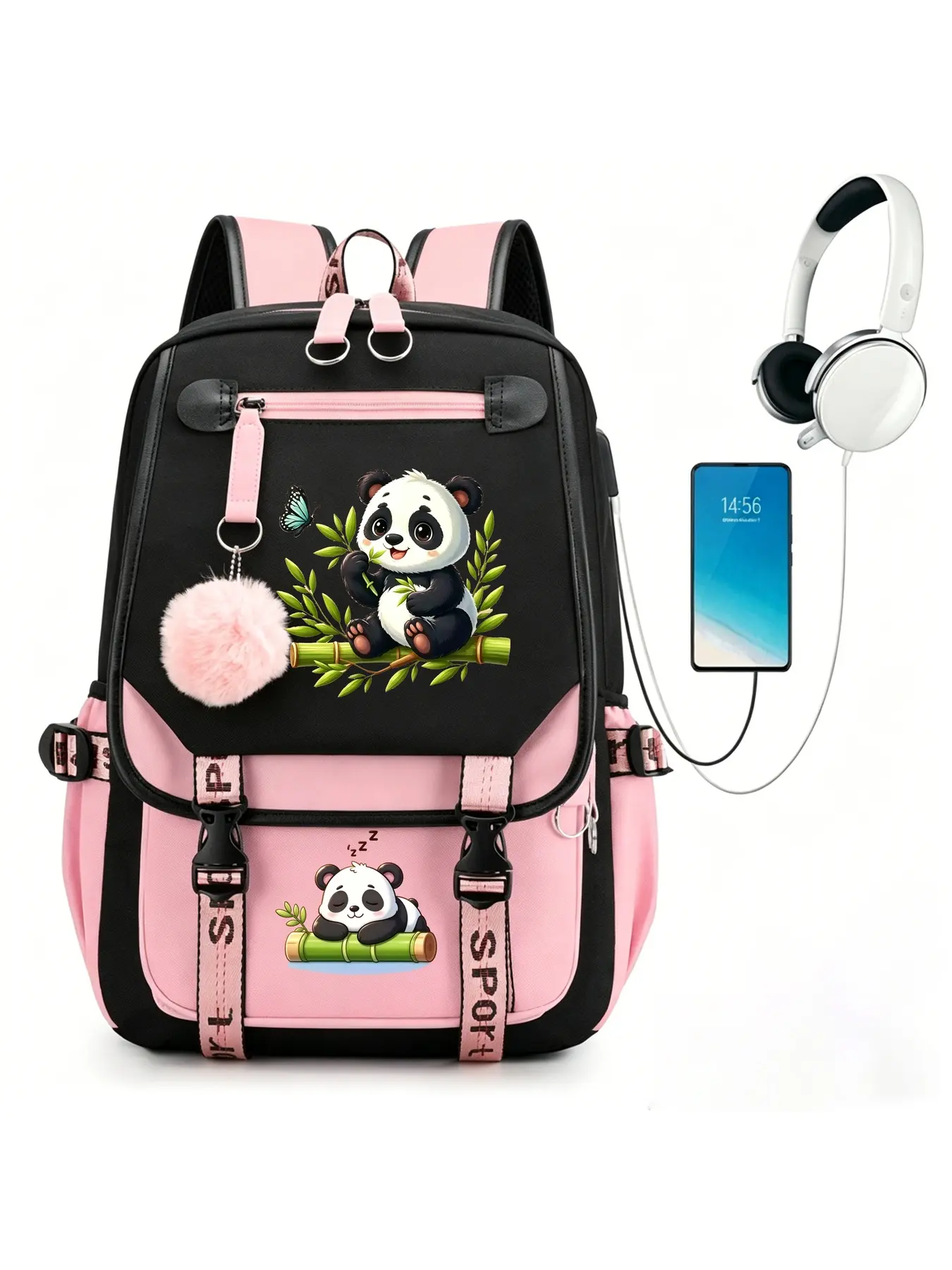 Kawaii Lucky Panda Backpack For Teen Girls Large Capacity Purple School Bookbag With USB Charging Port & Headphone Port Cute Pom Pom Pendant Backpack For Back To School Travel