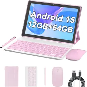 10 Inch Tablet Android 15 Tablets 2 in 1 Tablet with Keyboard 12GB RAM+64GB ROM(Supports 1TB Expansion) Tableta 2MP+8MP Camera 6000mAh Battery Mouse/Case/Stylus 5G WiFi-6 10.1" Android Tablets