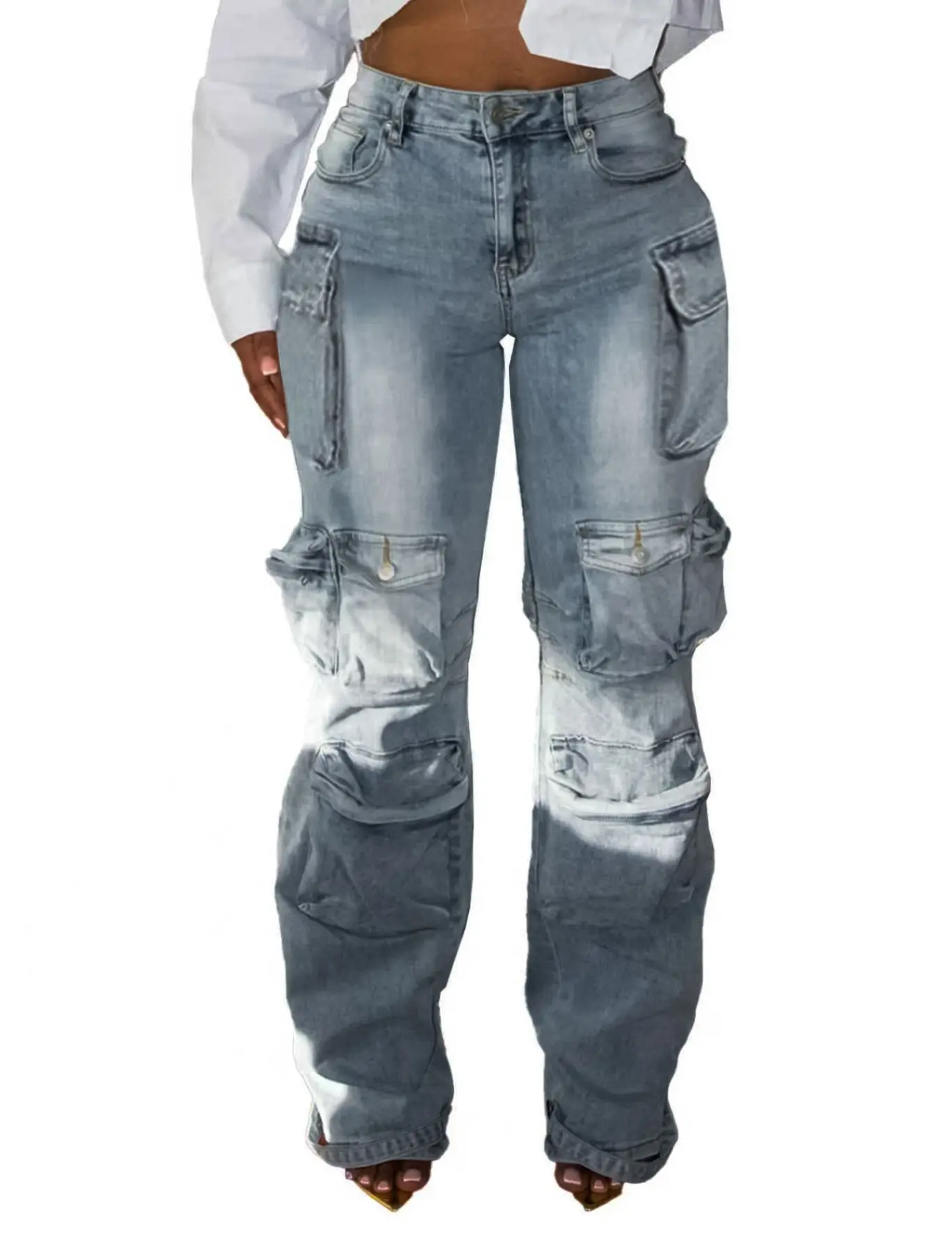 New D8741 Cross-Border Fashion Casual Loose Workwear Pockets Jeans, Patchwork Multi-Pocket Long Pants, Available Now, Trendy European and American Style