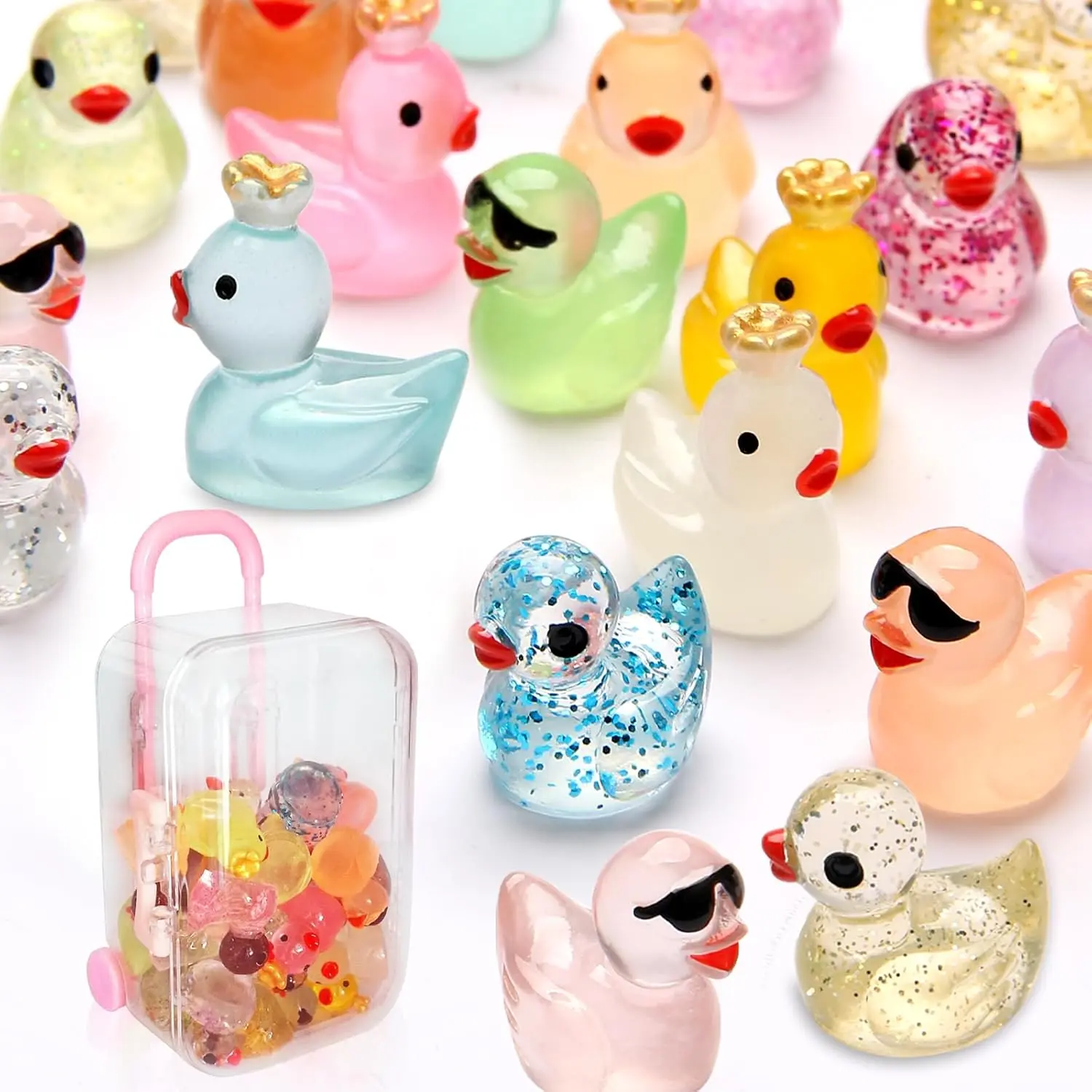 25pcs Mini Ducks Fairy Garden Accessories, 12pcs Glitter & 13pcs Luminous Duck Mini Resin Animals Figures for Garden Decor, Landscape Decor, DIY Craft, Succulents & Home Decoration