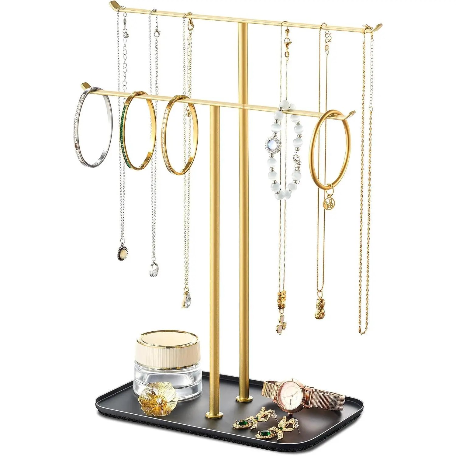 Necklace Holder  Organizer Stand – 2‑Tier T‑Bar  Display Tree with Tray for Countertop Necklace Bracelet Earring Storage,  Dresser Bathroom Sink, Black-