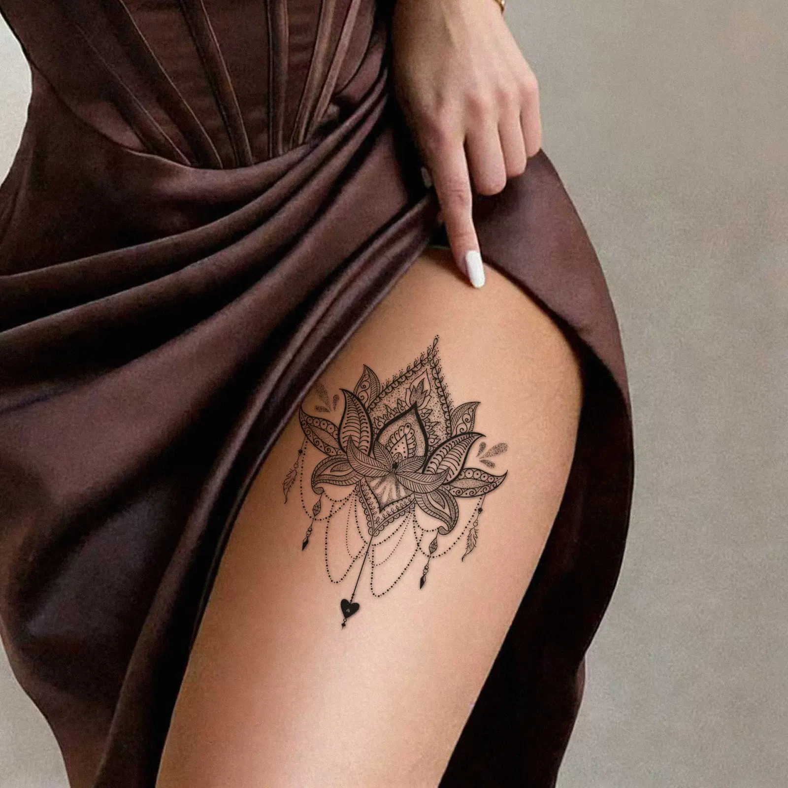 Women's 4PC Semi-Permanent Waterproof Tattoo Stickers - Mystical Mandala Print, Elegant Tassel Drop Design, Thigh Area Viral Decal, Premium Skin Decor for Summer Outfits (Sports & Outdoor Accessories), Mystical Print