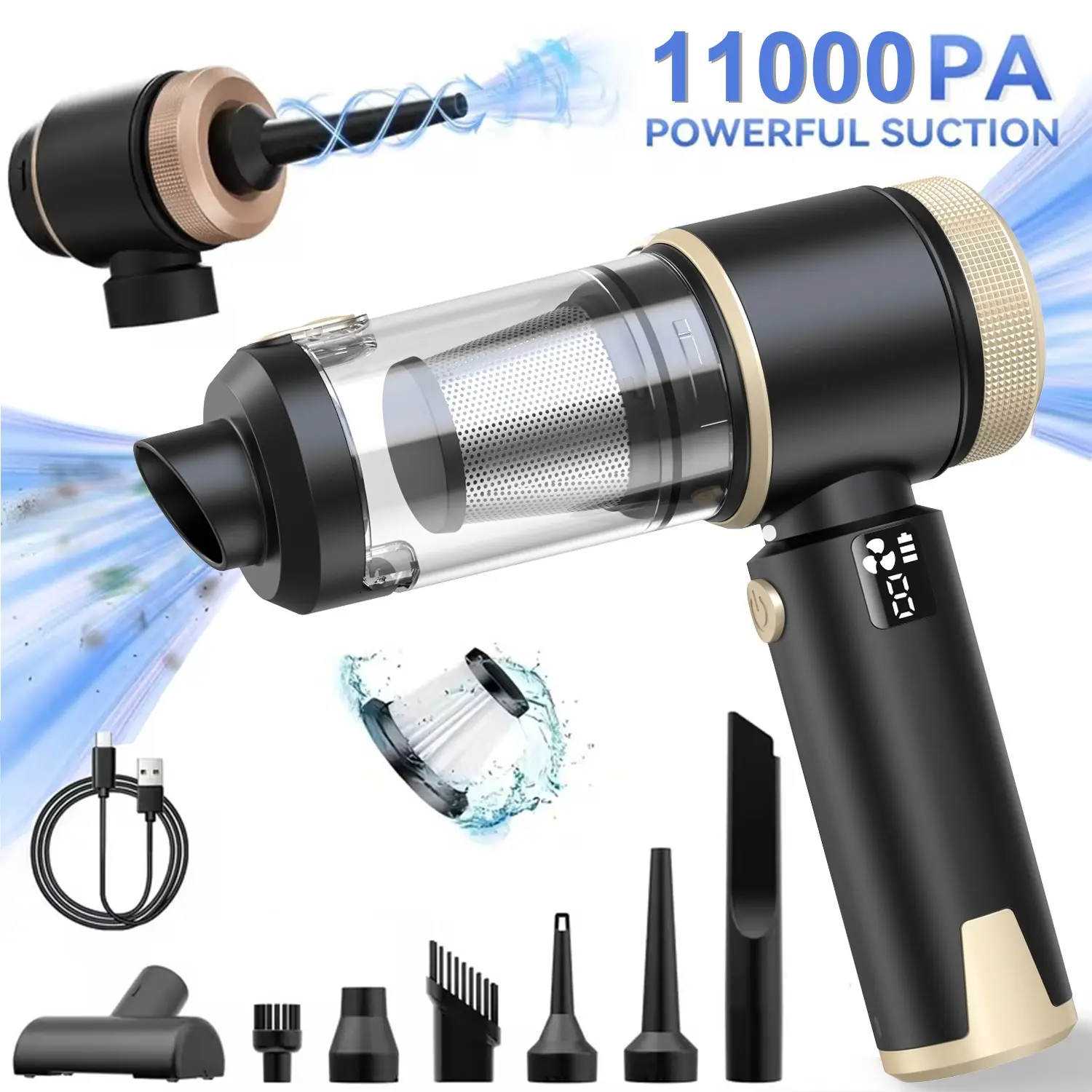 Portable Handheld Vacuum Cleaner, 11000pa Multi-Function Four-In-One, Car Cleaning Kit, LED Display, Wireless Strong Suction, Compact Design, Cordless Rechargeable Vacuum