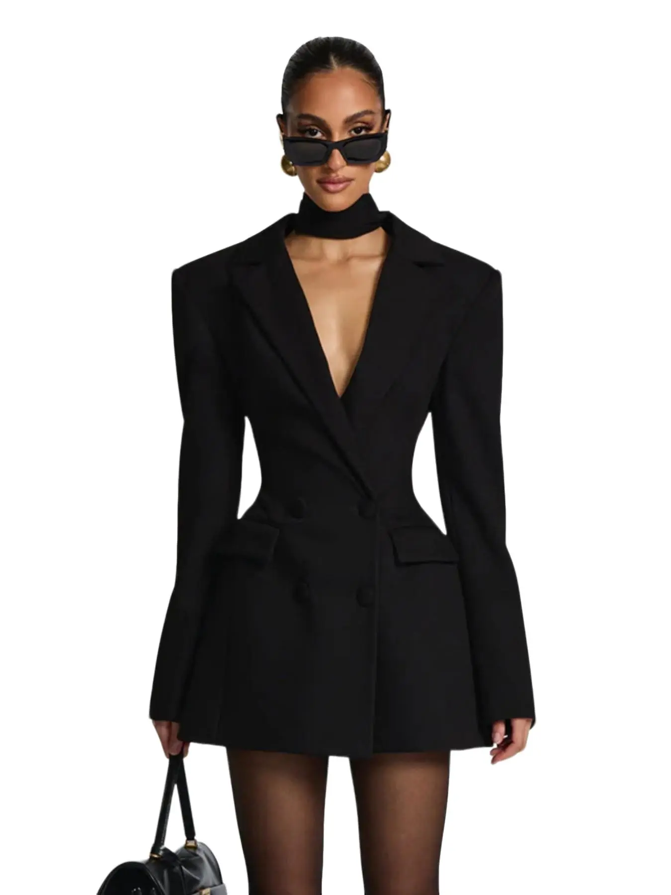 Women's Fashion Sexy Deep V Solid Color Casual Fitted Elegant Blazer Long Sleeve Dress, Perfect for Commuting and Daily Wear