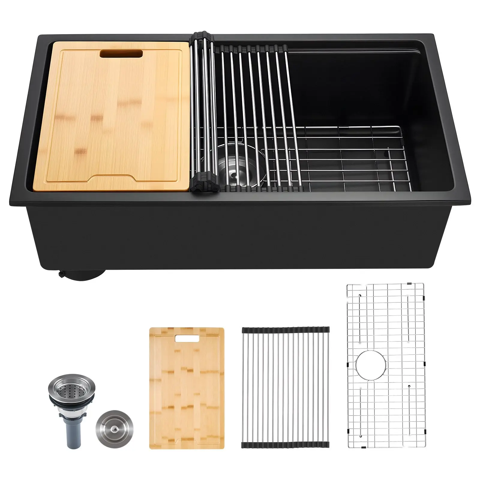 30 Inch Granite Kitchen Sink, Undermount Single Bowl Drop-In Basin for RV and Bar, Durable Granite Construction with Noise-Reducing Finish, Easy-Clean Surface, Deep Bowl Capacity, Reversible Installation