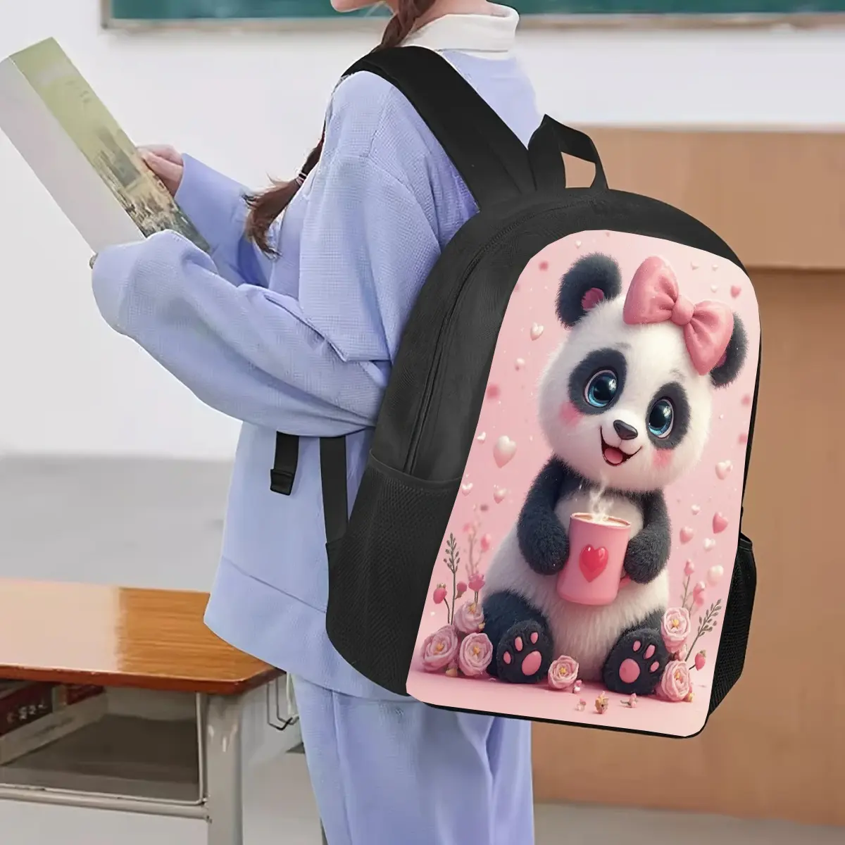1pc, Cartoon Panda Backpack, Large Capacity 17-inch Casual Backpack Laptop Bag with Water Bottle Holder - Lightweight and Durable School Backpack, Autumn Gift, Fall Home Decor, Unisex Work Commute Travel Picnic Holiday Birthday Gift