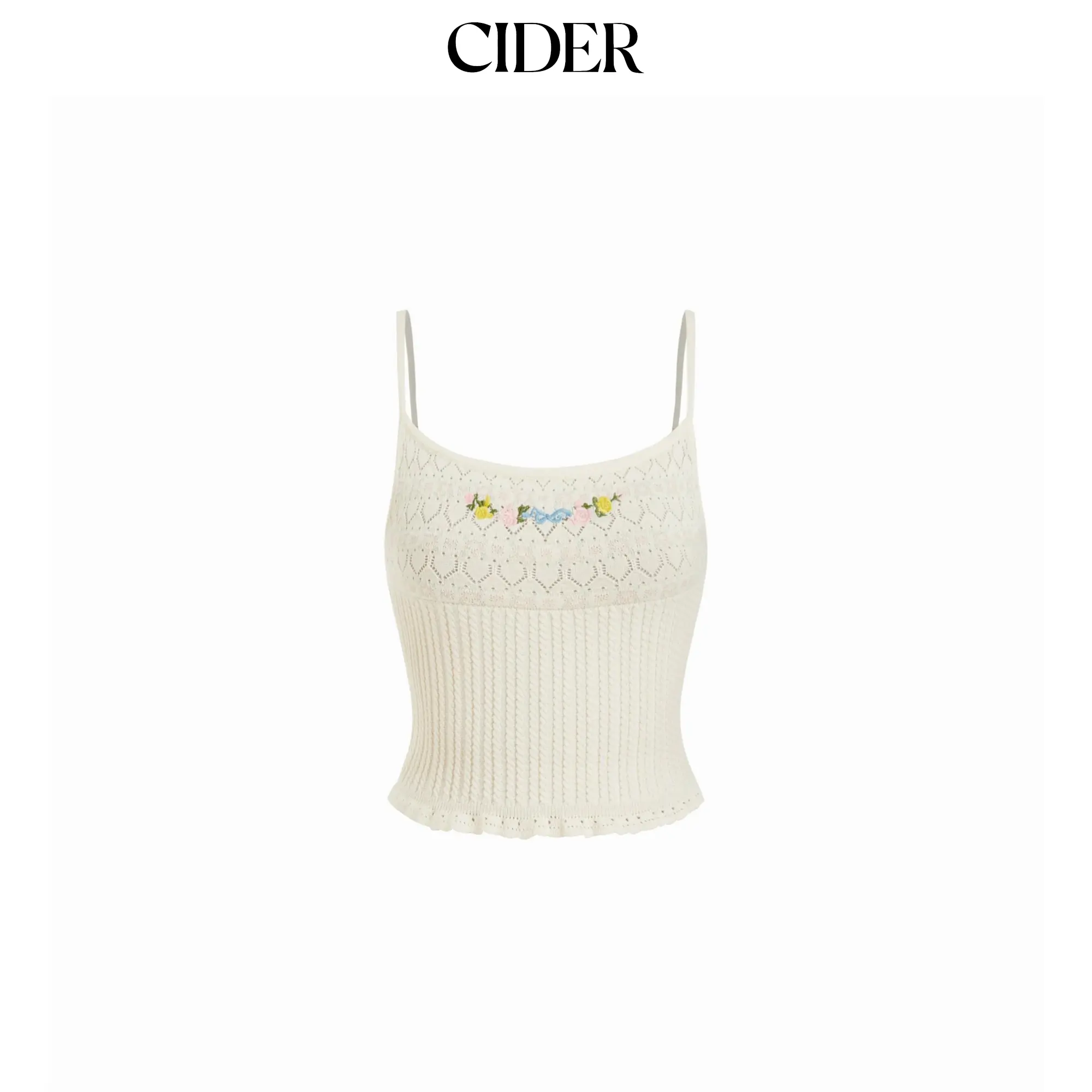Cider Knit Pointelle Floral Embroidery Square Neck Crop Cami Top