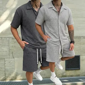 Men's solid color polo shirtlinen pants and drawstring waist shorts set, summer men's clothing, comfortable and breathable two-piece daily outdoor clothing. mid-length mens pajama