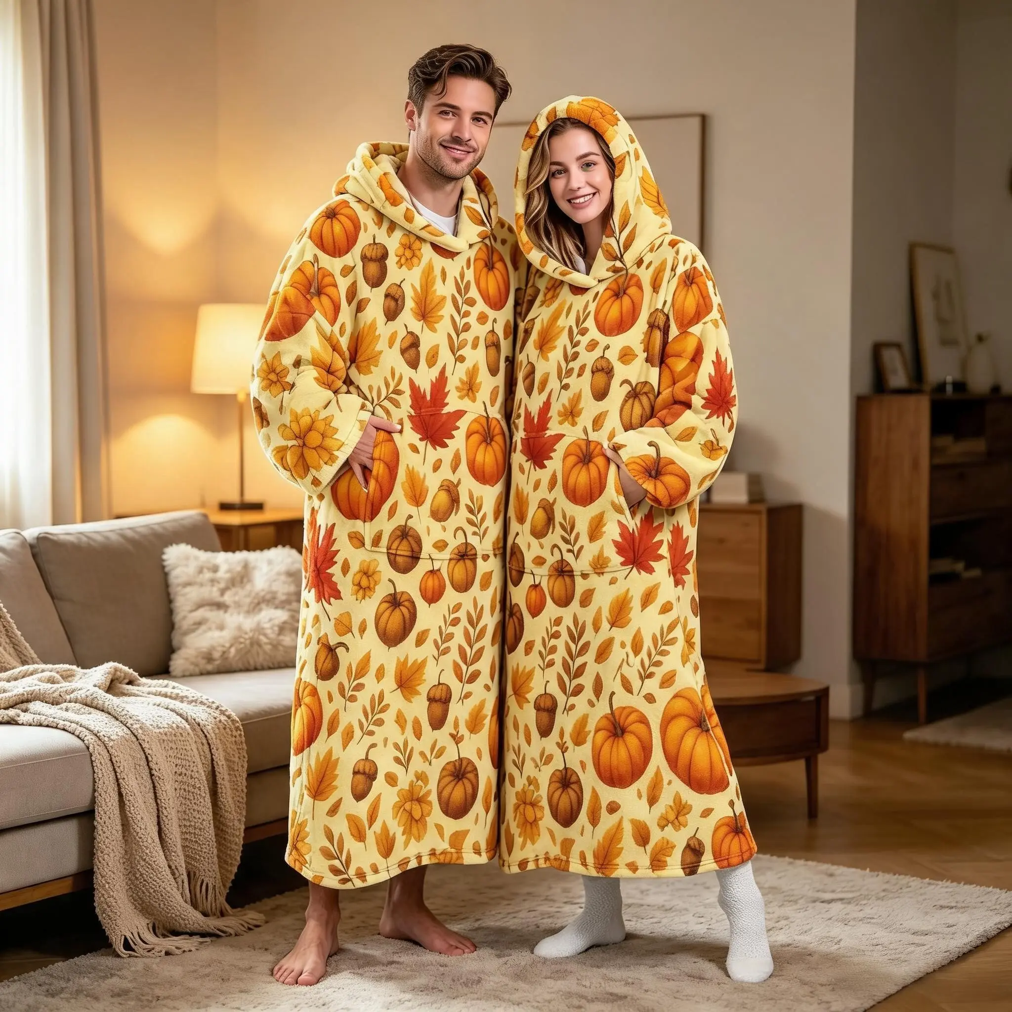 Flannel Hooded Wearable Blanket, Autumn Pumpkin Maple Leaf Pattern, Soft Cozy Sleep Robe, Halloween Gift for Wife, Mother, Lover