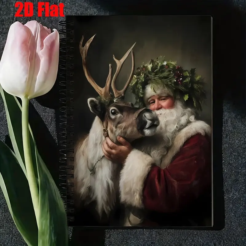 1 Christmas Reindeer & Santa Spiral Notebook, 5.7x8.26 inch, Premium Lined Pages, Durable Coil Binding, Holiday Journal, Xmas Gift, Christmas Party Notes, New Year Planner, Festive Season Writing Notebook for Kids & Adults [2D] Flat