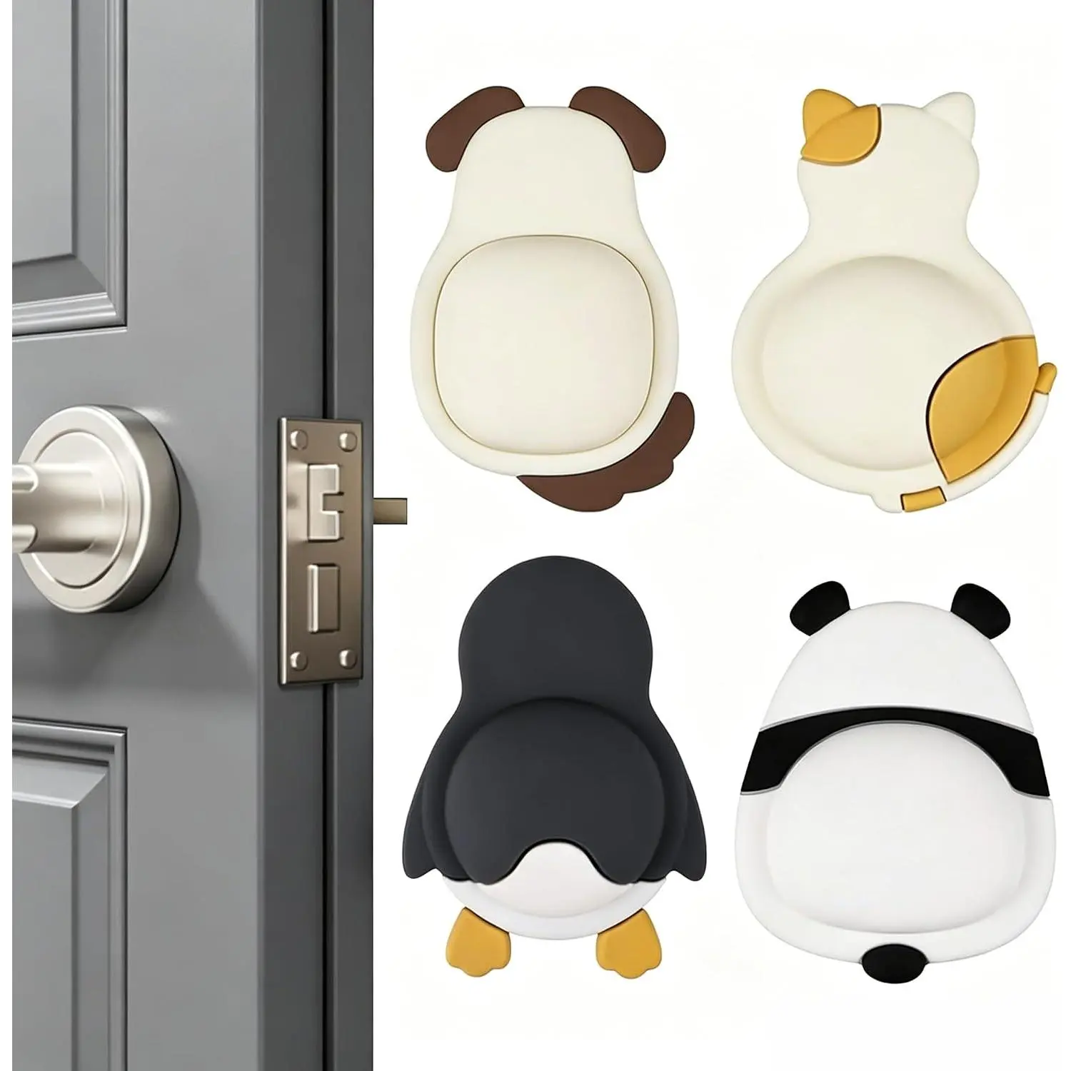 4 Pack Cute  Door Knob Wall Protector,Panda Design Self-Adhesive Rubber Door Handle Bumper Guards, Decorative Wall Shield