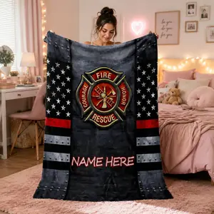 Custom Name Firefighter Tribute Flannel Throw Blanket, American Flag Fire‑Rescue Symbol Blanket, Soft Comfy Blanket for Sofa Bed Camping Travel, Perfect Birthday Veterans Day Gift For Firemen