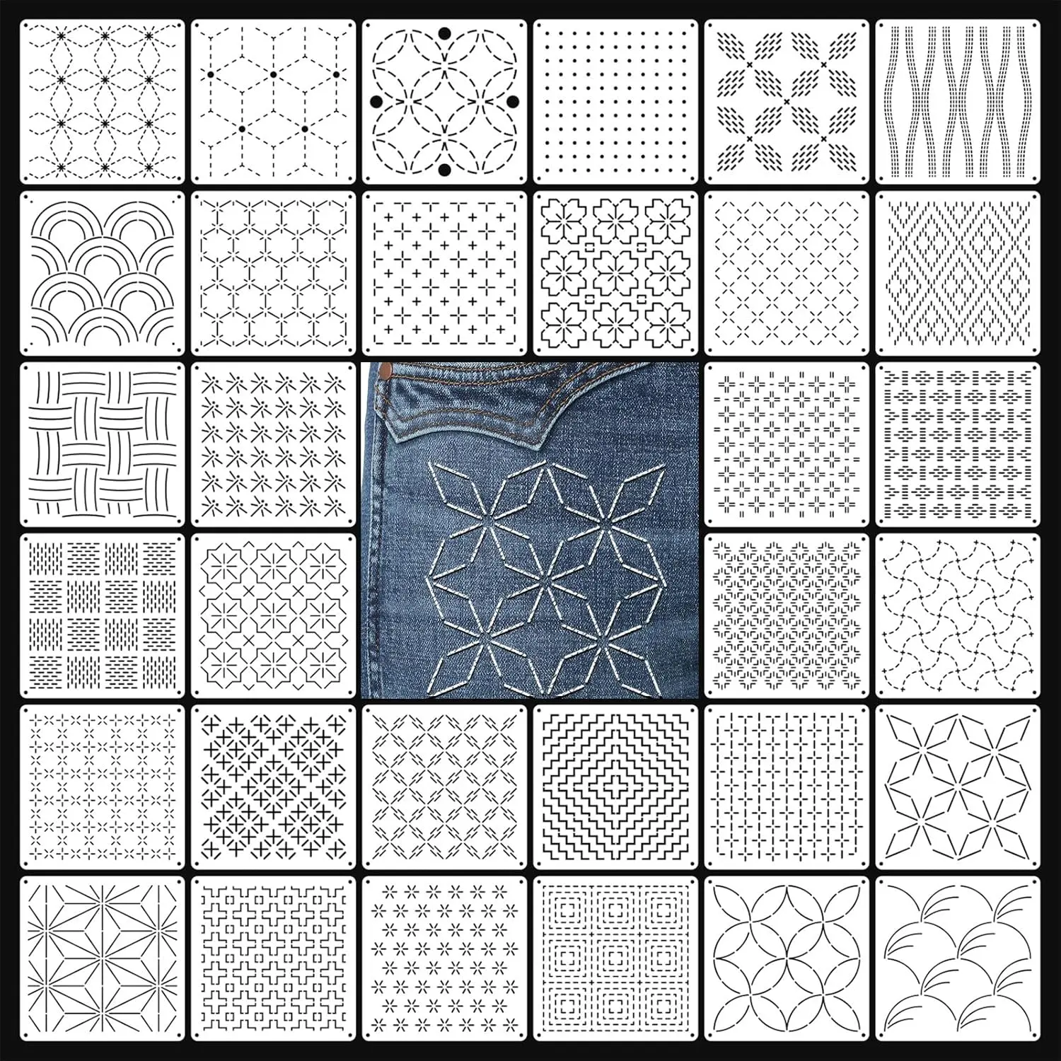 32-Piece Sashiko Stencil Kit, Reusable & Flexible PET Plastic Templates with Japanese Patterns for Beginners & Pros, 5.1x5.1 inch for Hand Quilting & Embroidery, Japanese Sashiko, Mending, Sashiko Kit